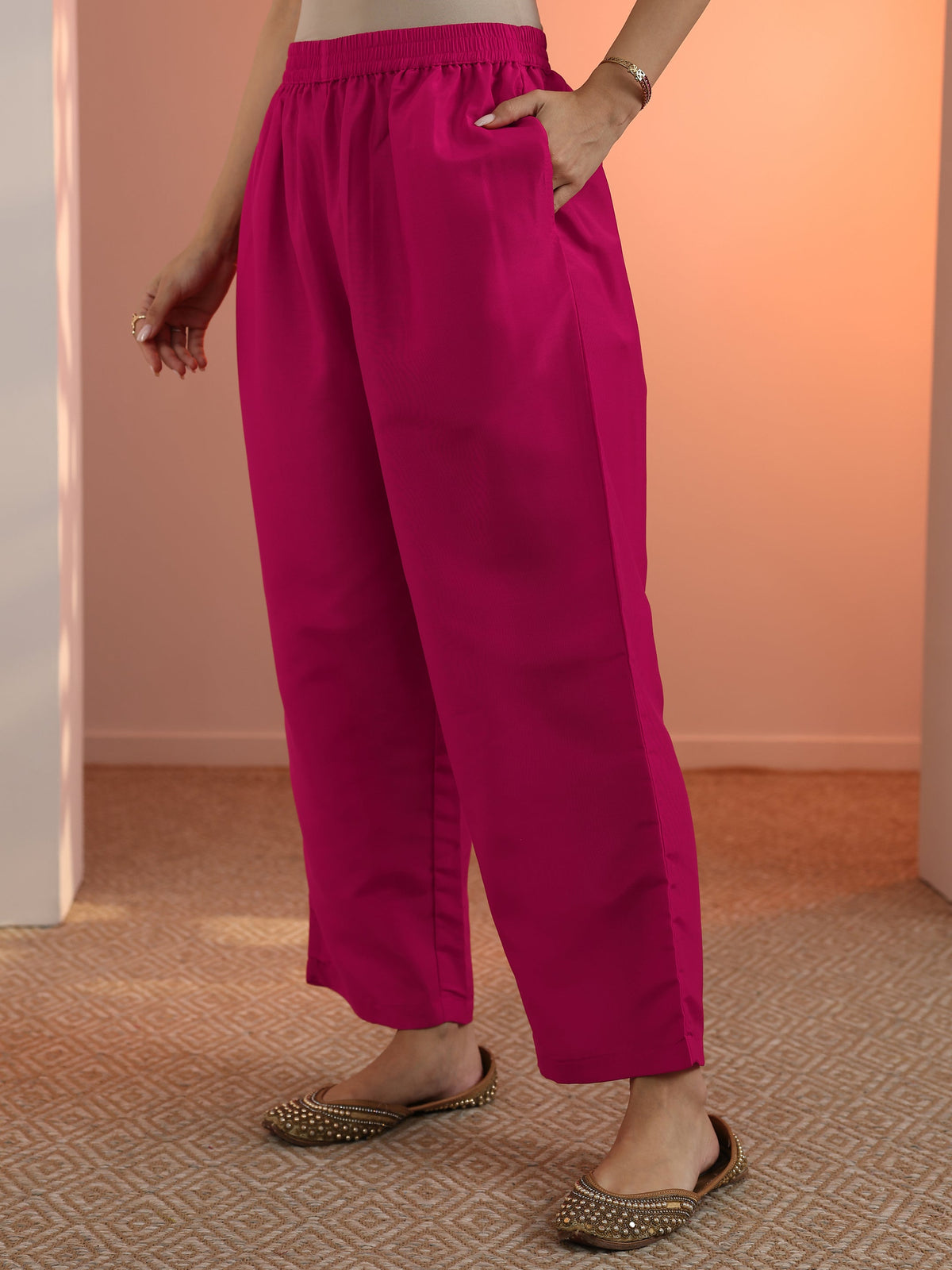 Anouk Pink Woven Design Silk Blend Straight Suit Set With Dupatta