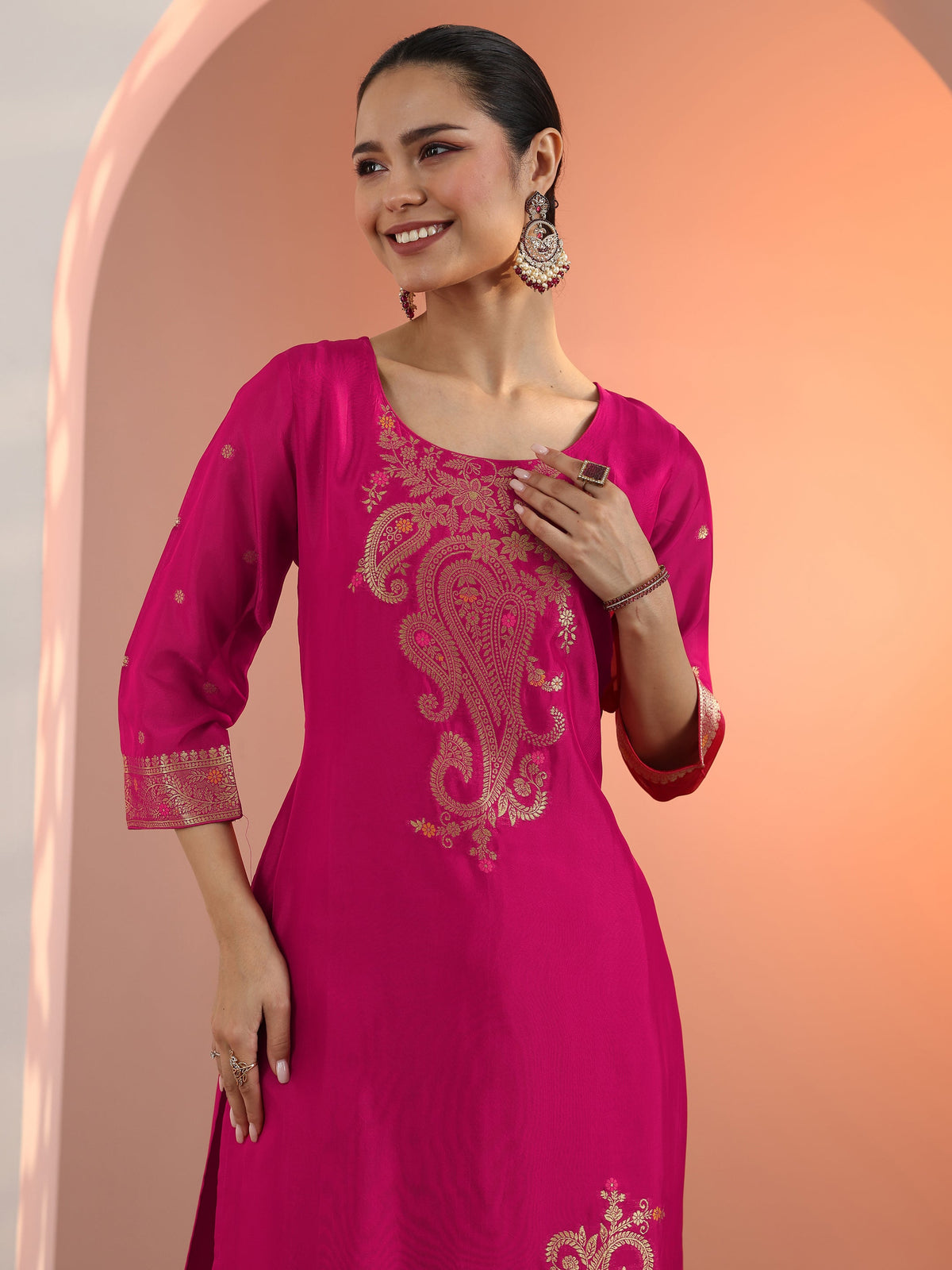 Anouk Pink Woven Design Silk Blend Straight Suit Set With Dupatta