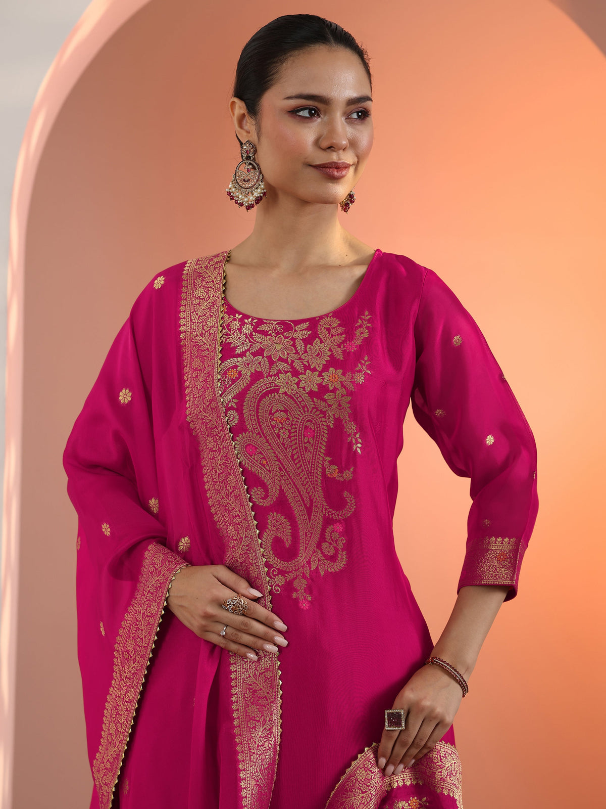 Anouk Pink Woven Design Silk Blend Straight Suit Set With Dupatta