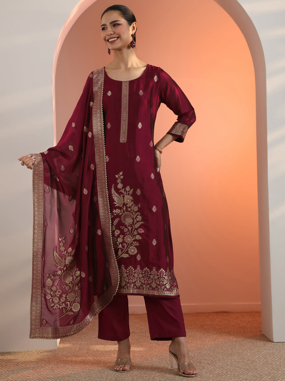 Anouk Maroon Woven Design Silk Blend Straight Suit Set With Dupatta