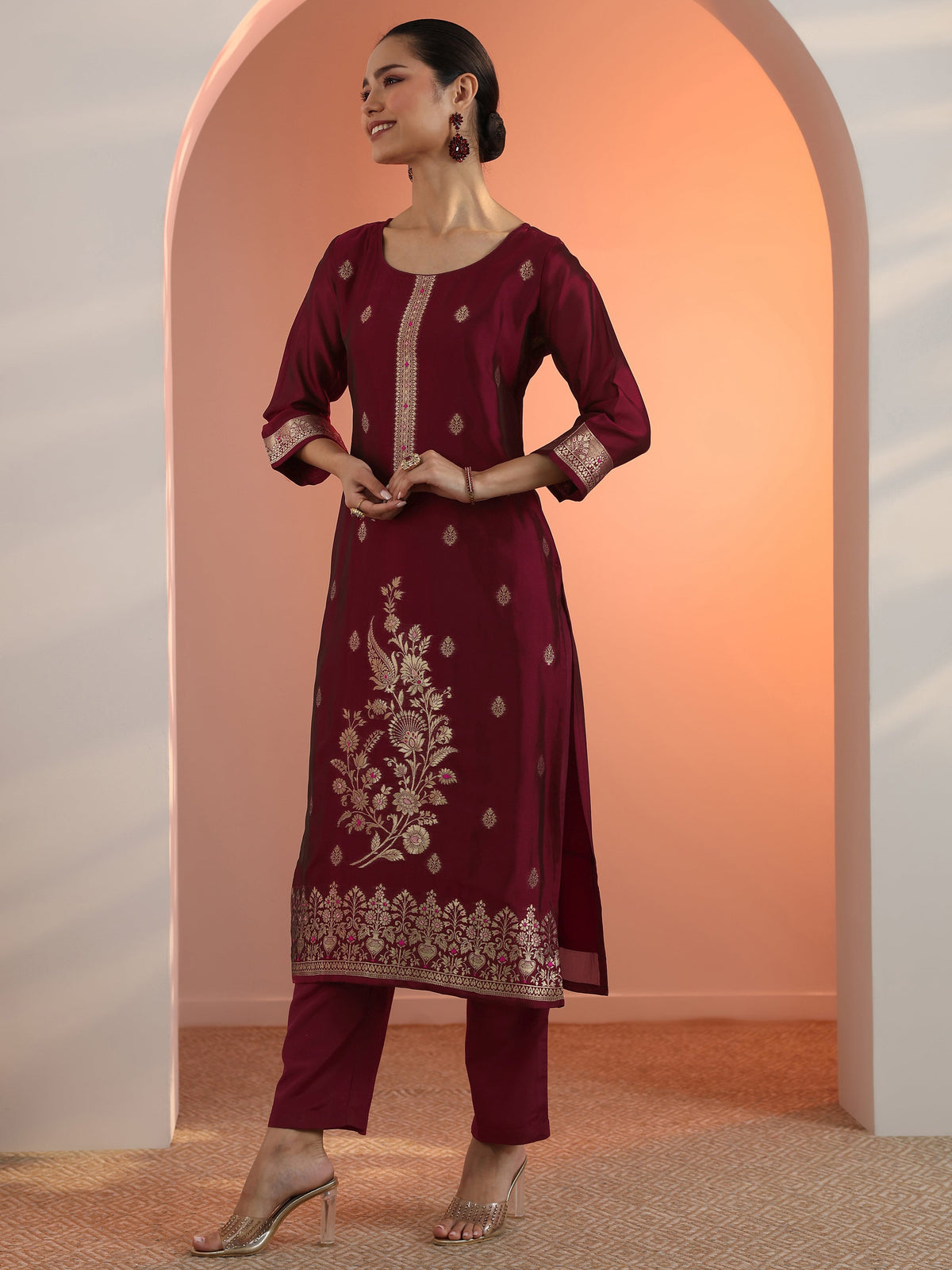 Anouk Maroon Woven Design Silk Blend Straight Suit Set With Dupatta