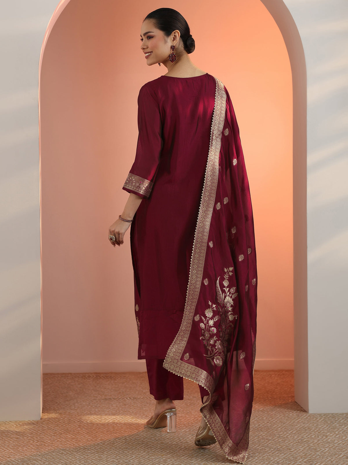 Anouk Maroon Woven Design Silk Blend Straight Suit Set With Dupatta