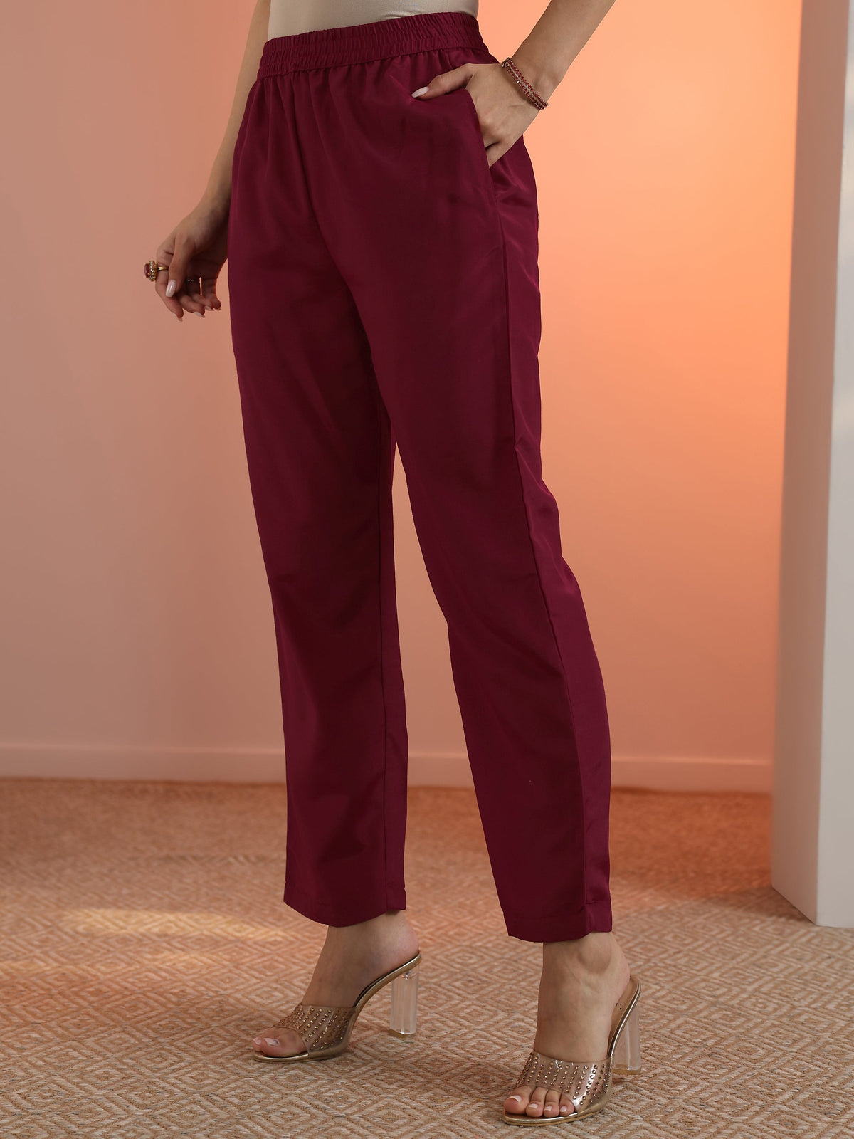 Anouk Maroon Woven Design Silk Blend Straight Suit Set With Dupatta