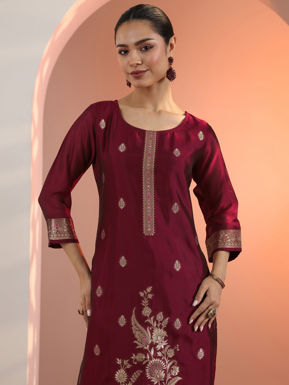 Anouk Maroon Woven Design Silk Blend Straight Suit Set With Dupatta