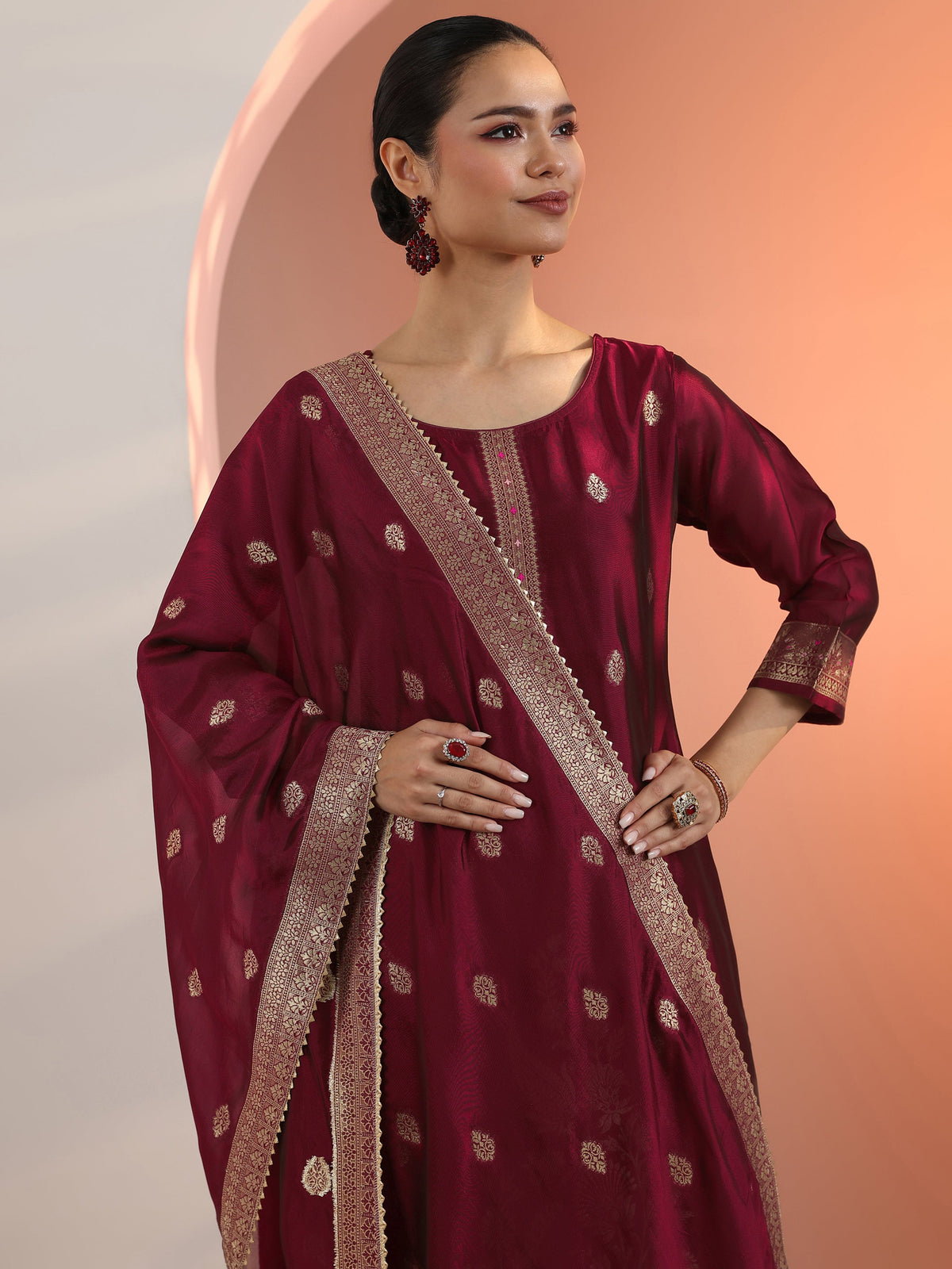 Anouk Maroon Woven Design Silk Blend Straight Suit Set With Dupatta