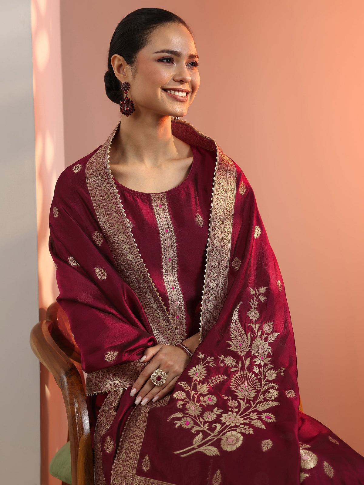 Anouk Maroon Woven Design Silk Blend Straight Suit Set With Dupatta