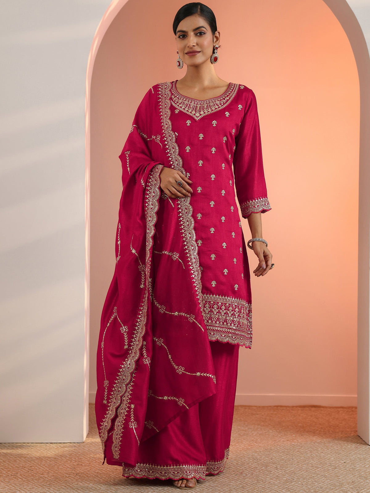 Anouk Red Embroidered Chinon Straight Suit Set With Dupatta