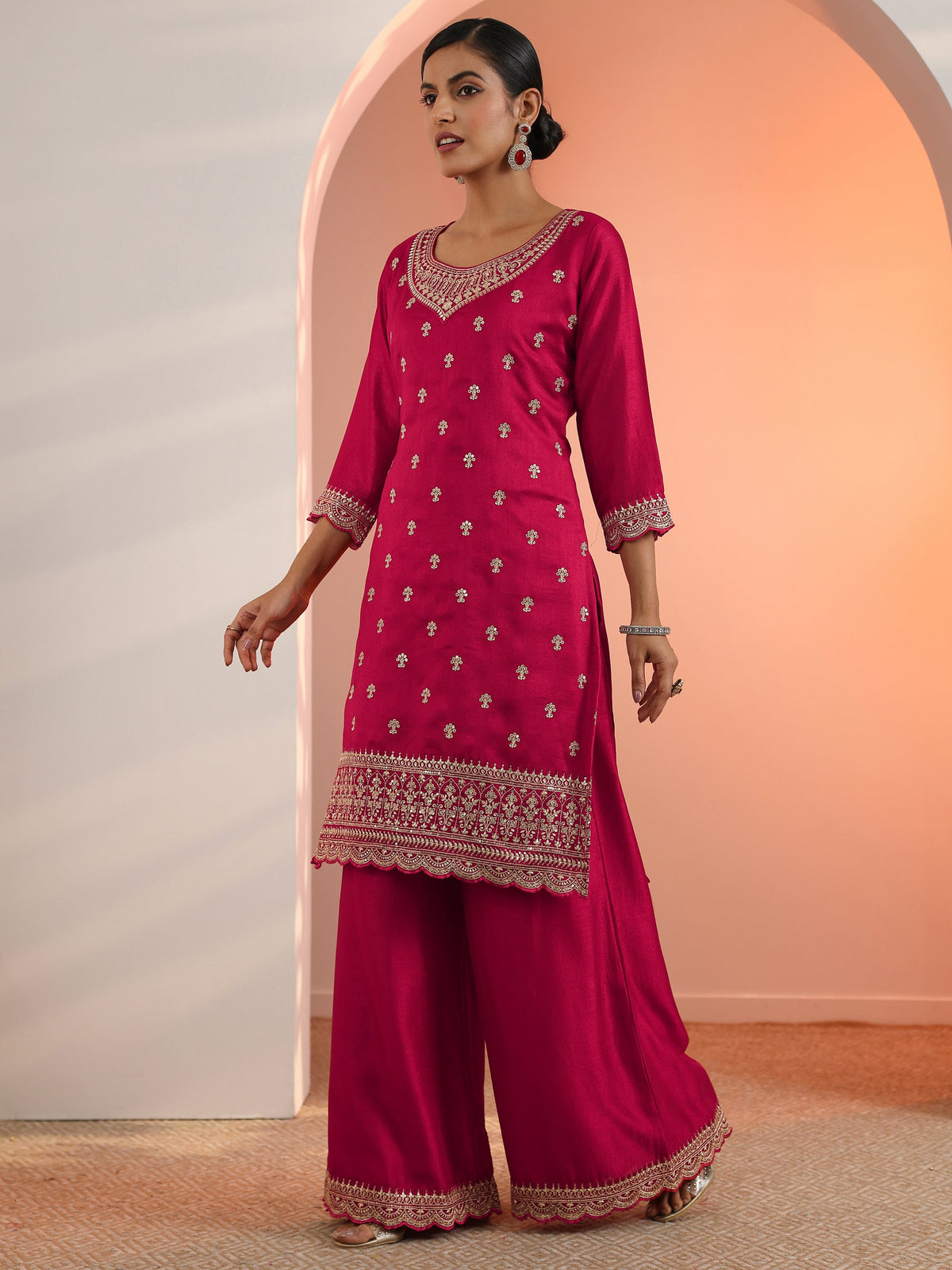 Anouk Red Embroidered Chinon Straight Suit Set With Dupatta