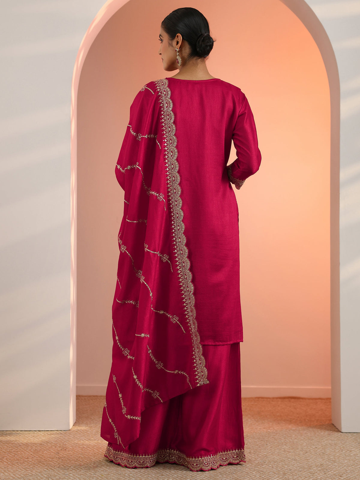 Anouk Red Embroidered Chinon Straight Suit Set With Dupatta