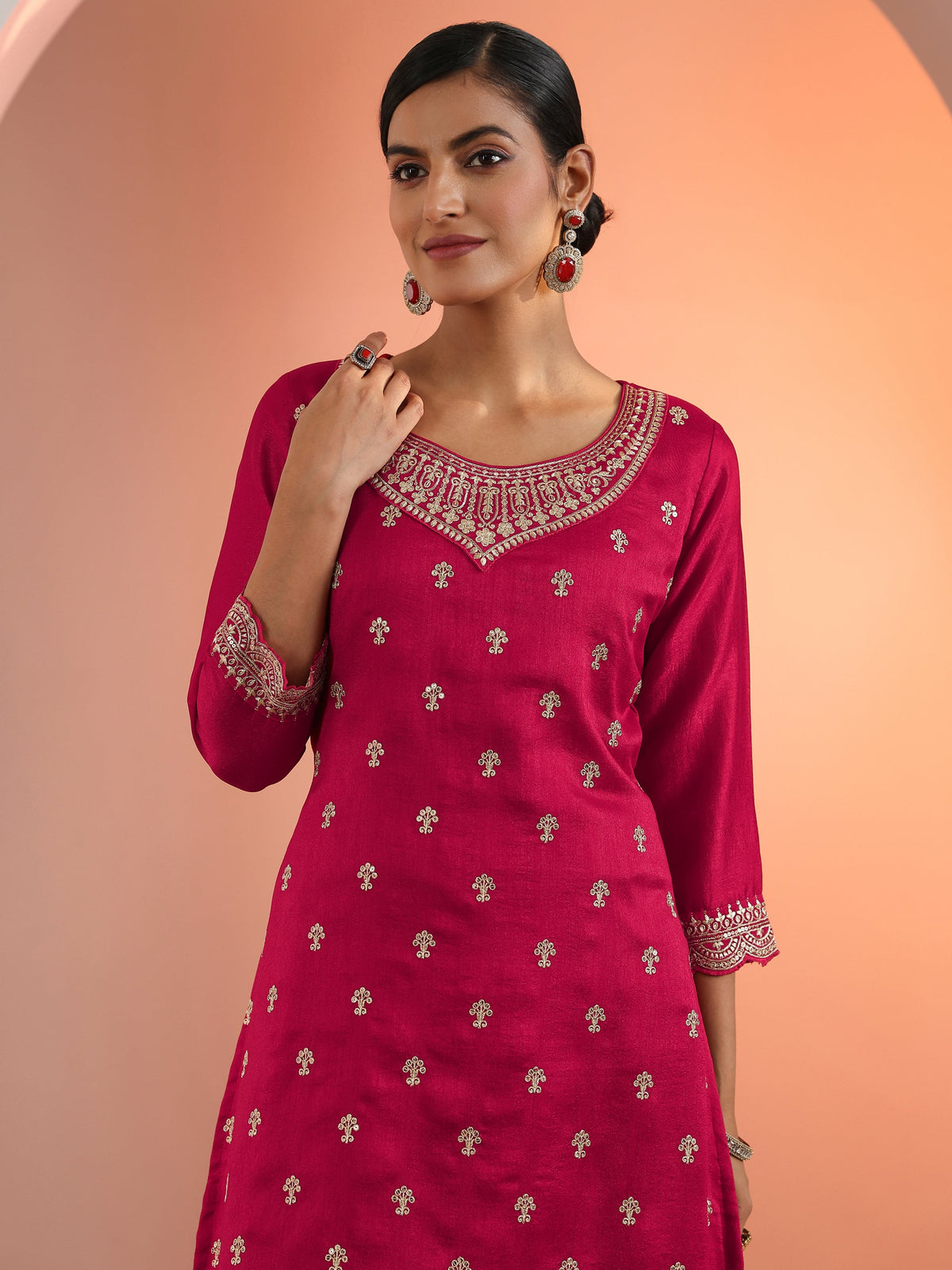 Anouk Red Embroidered Chinon Straight Suit Set With Dupatta