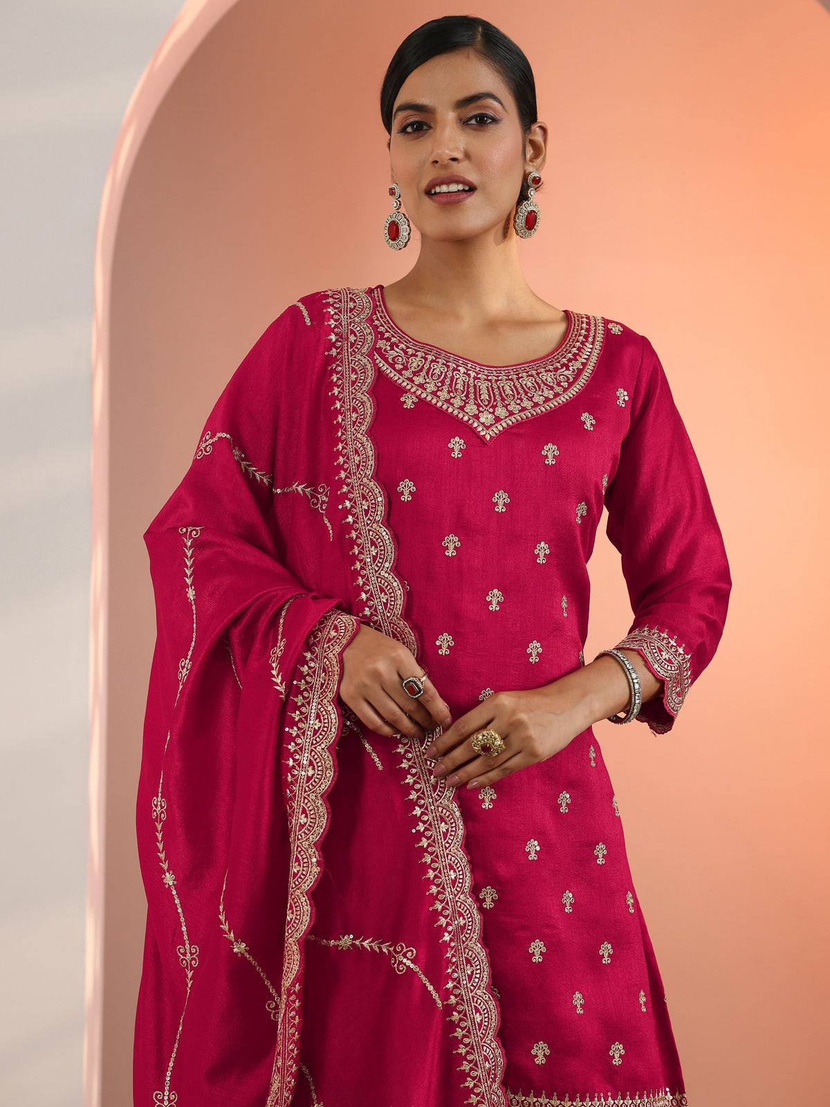 Anouk Red Embroidered Chinon Straight Suit Set With Dupatta