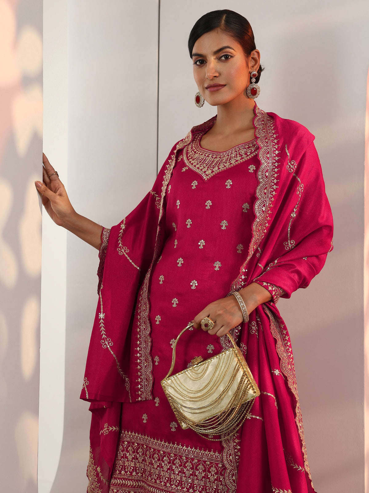 Anouk Red Embroidered Chinon Straight Suit Set With Dupatta