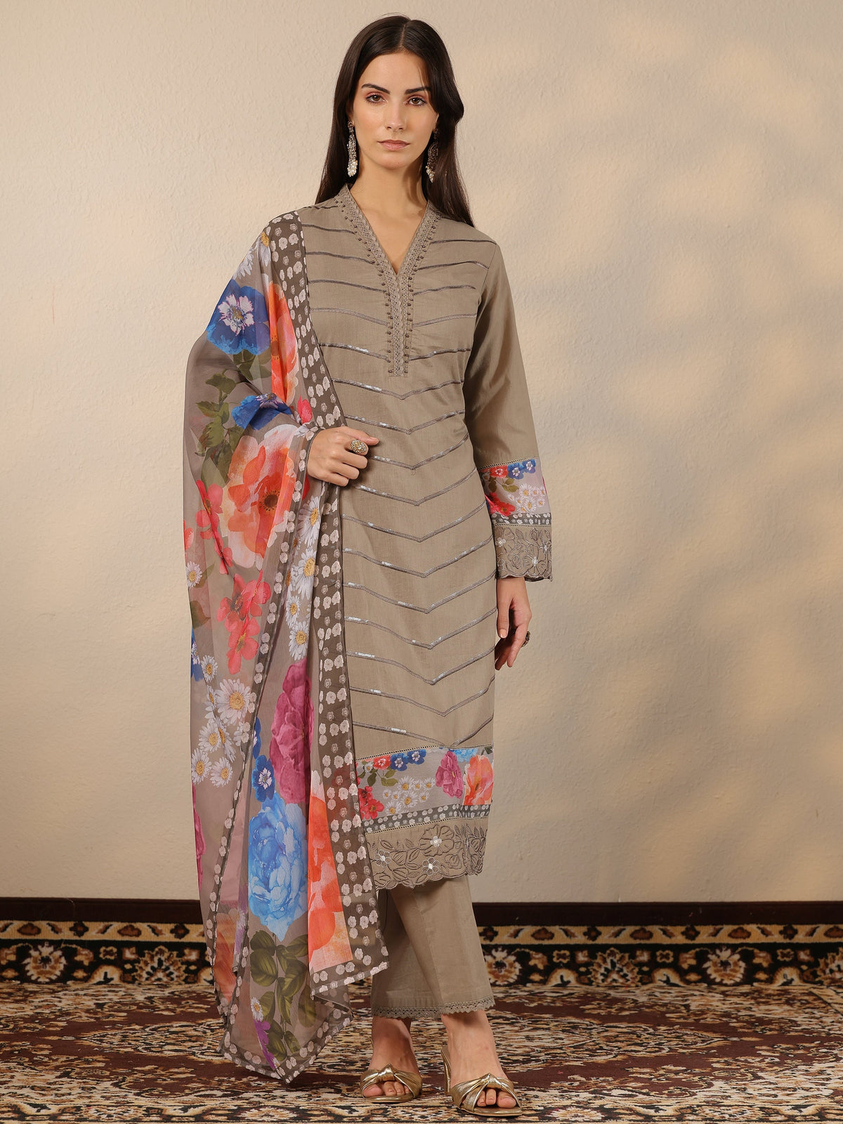 Anouk Grey Embroidered Cotton Straight Suit Set With Dupatta