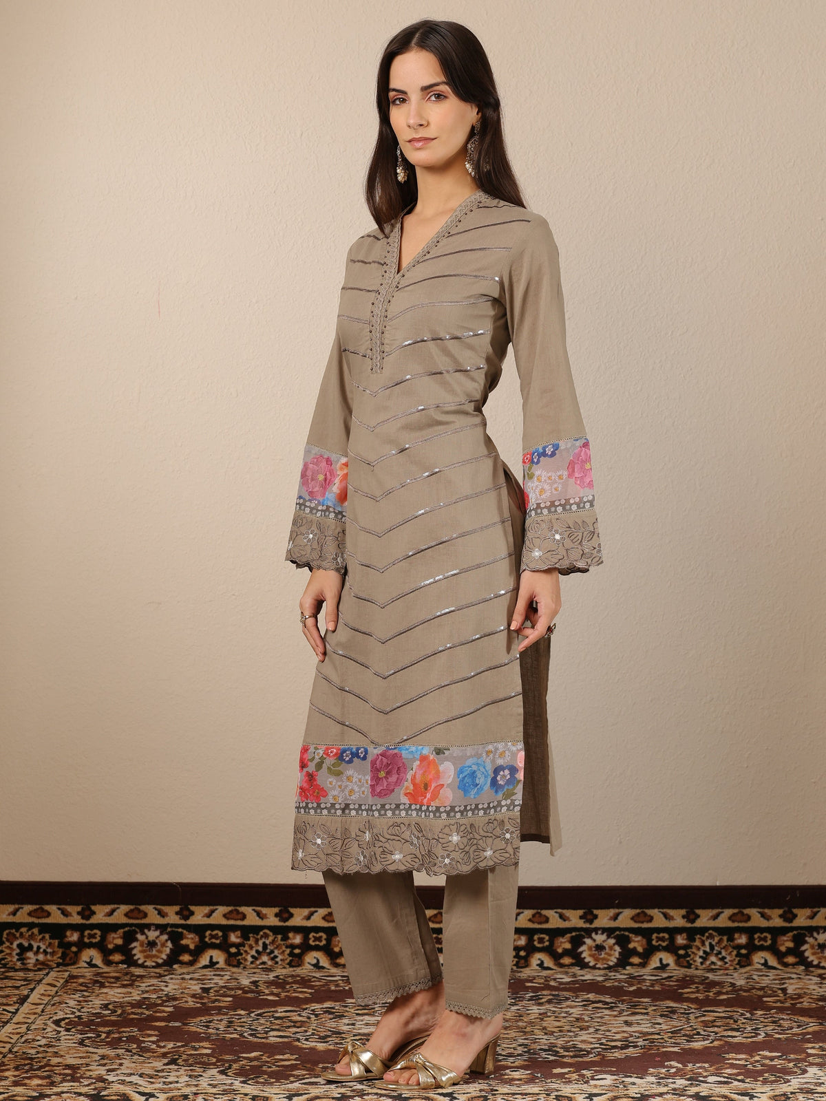 Anouk Grey Embroidered Cotton Straight Suit Set With Dupatta