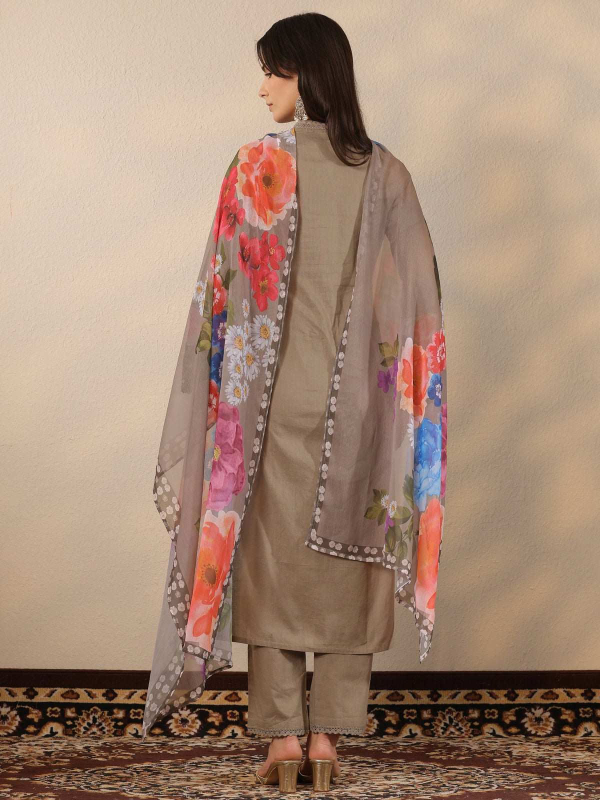 Anouk Grey Embroidered Cotton Straight Suit Set With Dupatta