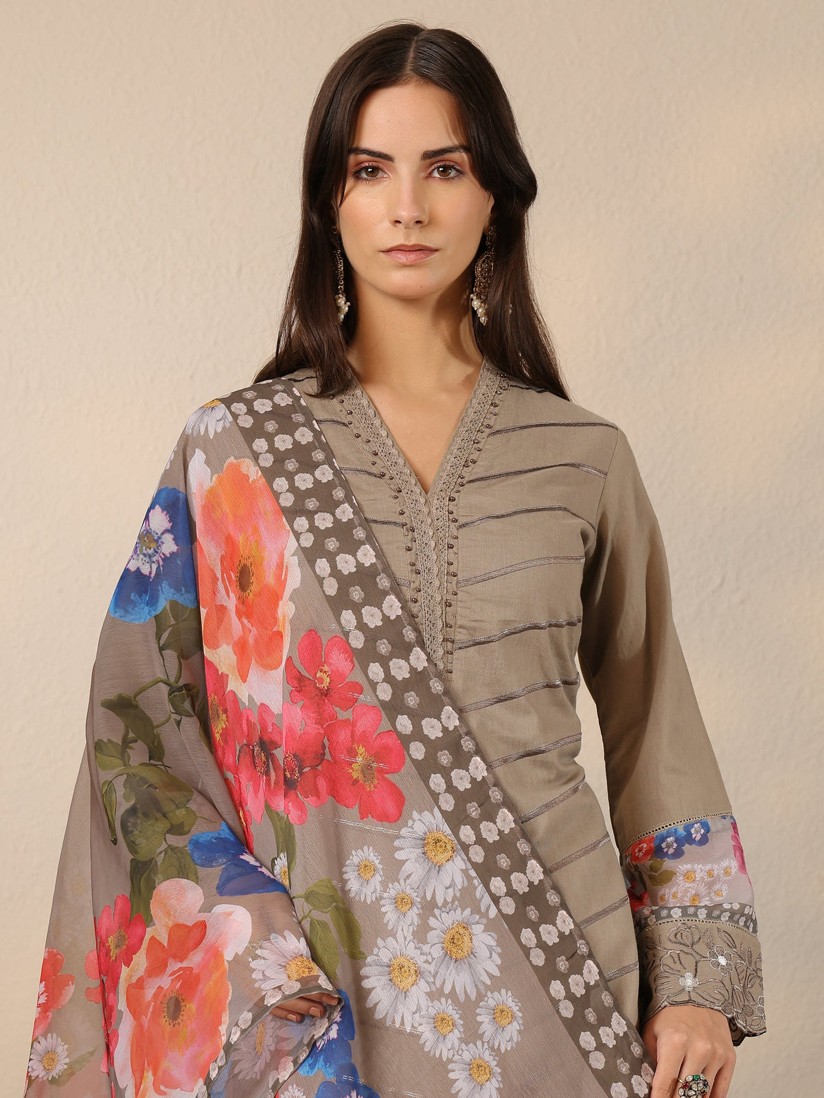 Anouk Grey Embroidered Cotton Straight Suit Set With Dupatta