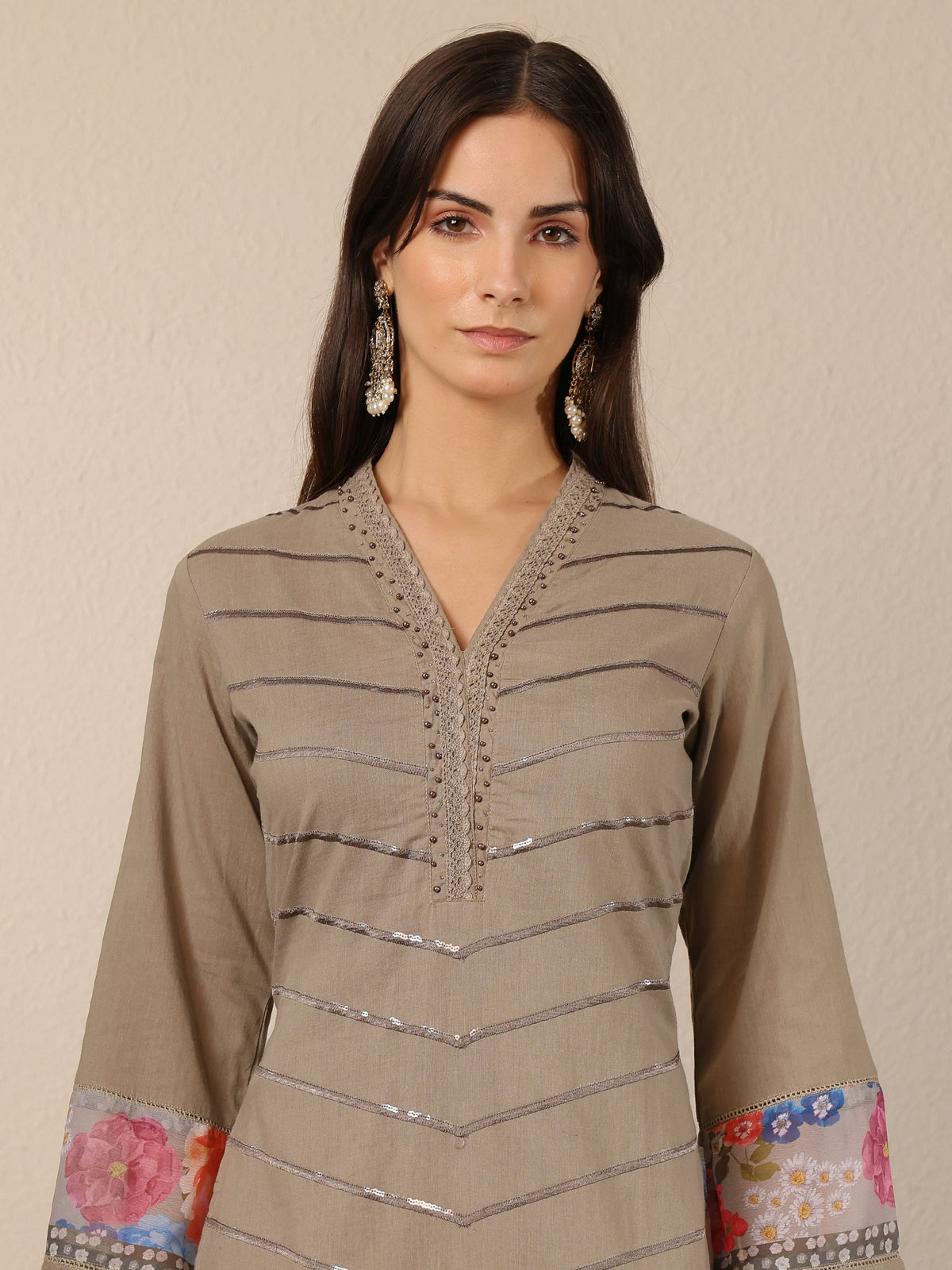 Anouk Grey Embroidered Cotton Straight Suit Set With Dupatta