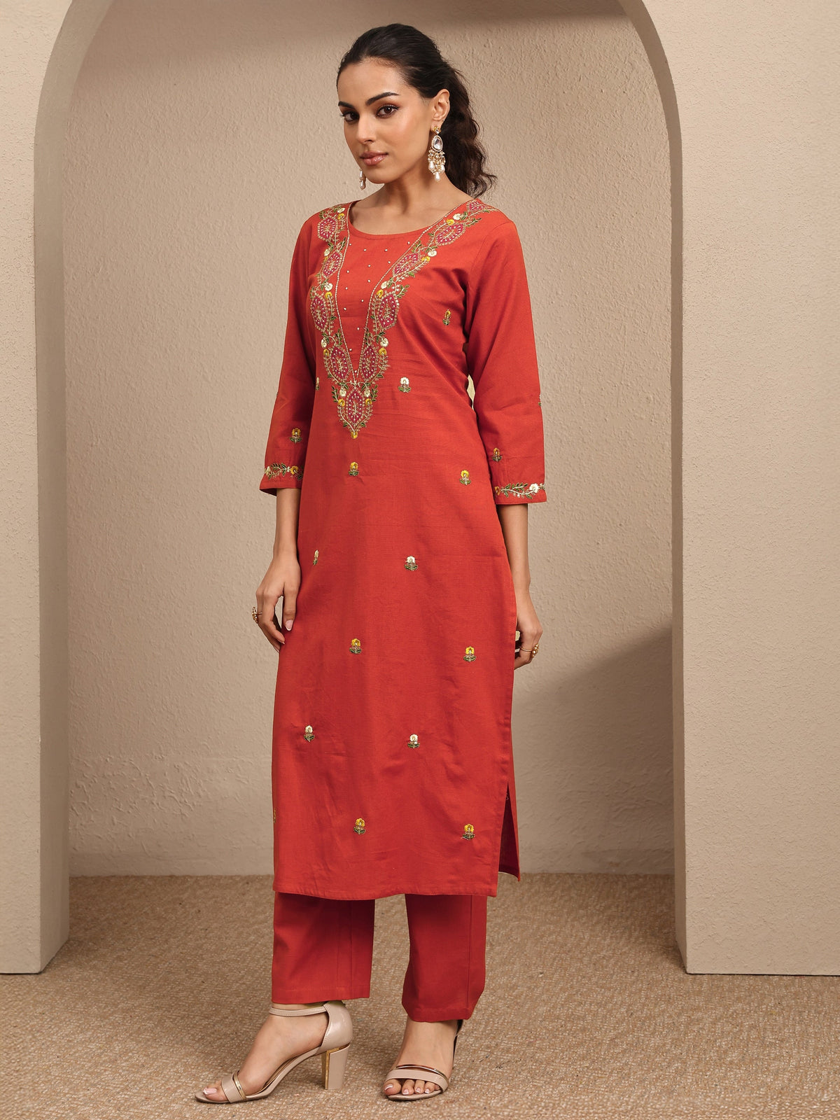 Anouk Orange Embroidered Cotton Straight Suit Set With Dupatta