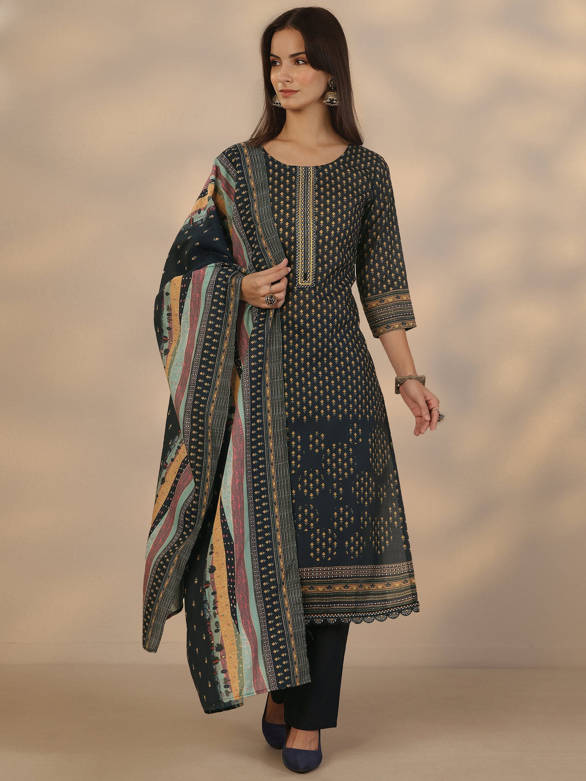 Anouk Navy Blue Printed Cotton Straight Suit Set With Dupatta
