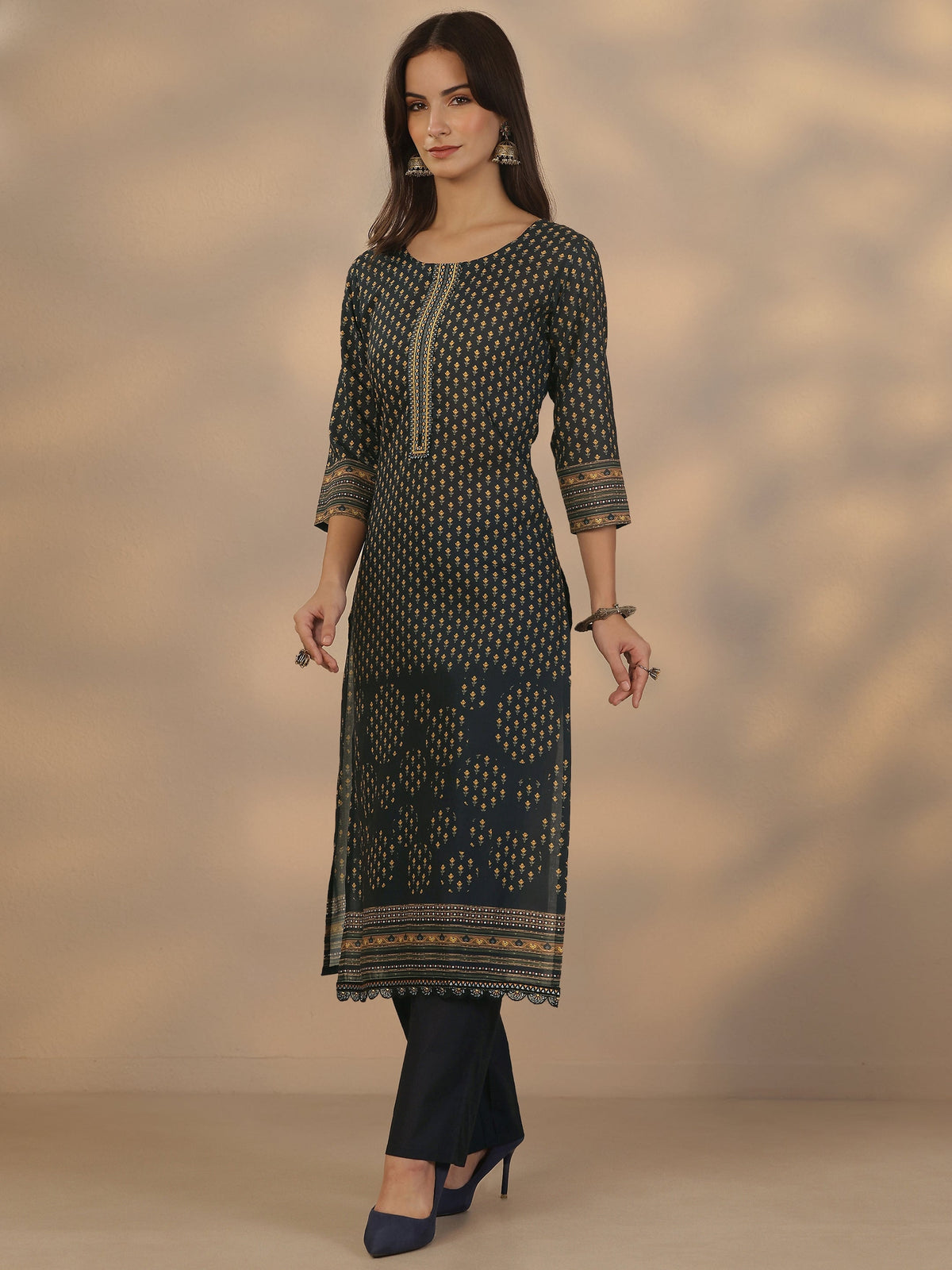 Anouk Navy Blue Printed Cotton Straight Suit Set With Dupatta