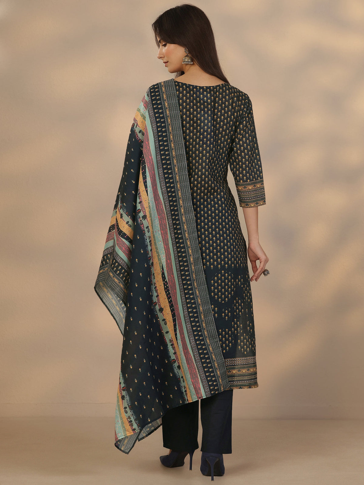 Anouk Navy Blue Printed Cotton Straight Suit Set With Dupatta