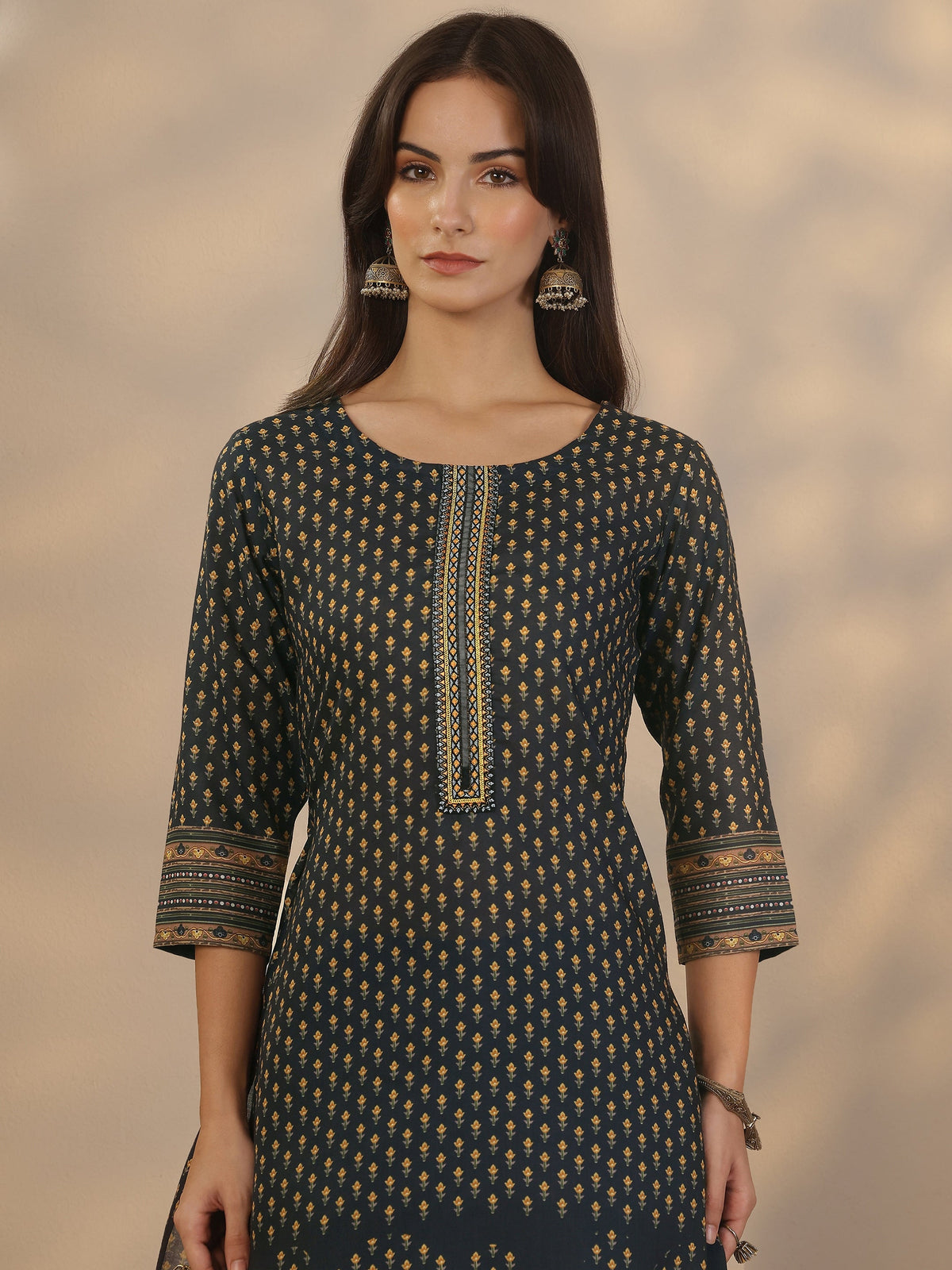 Anouk Navy Blue Printed Cotton Straight Suit Set With Dupatta