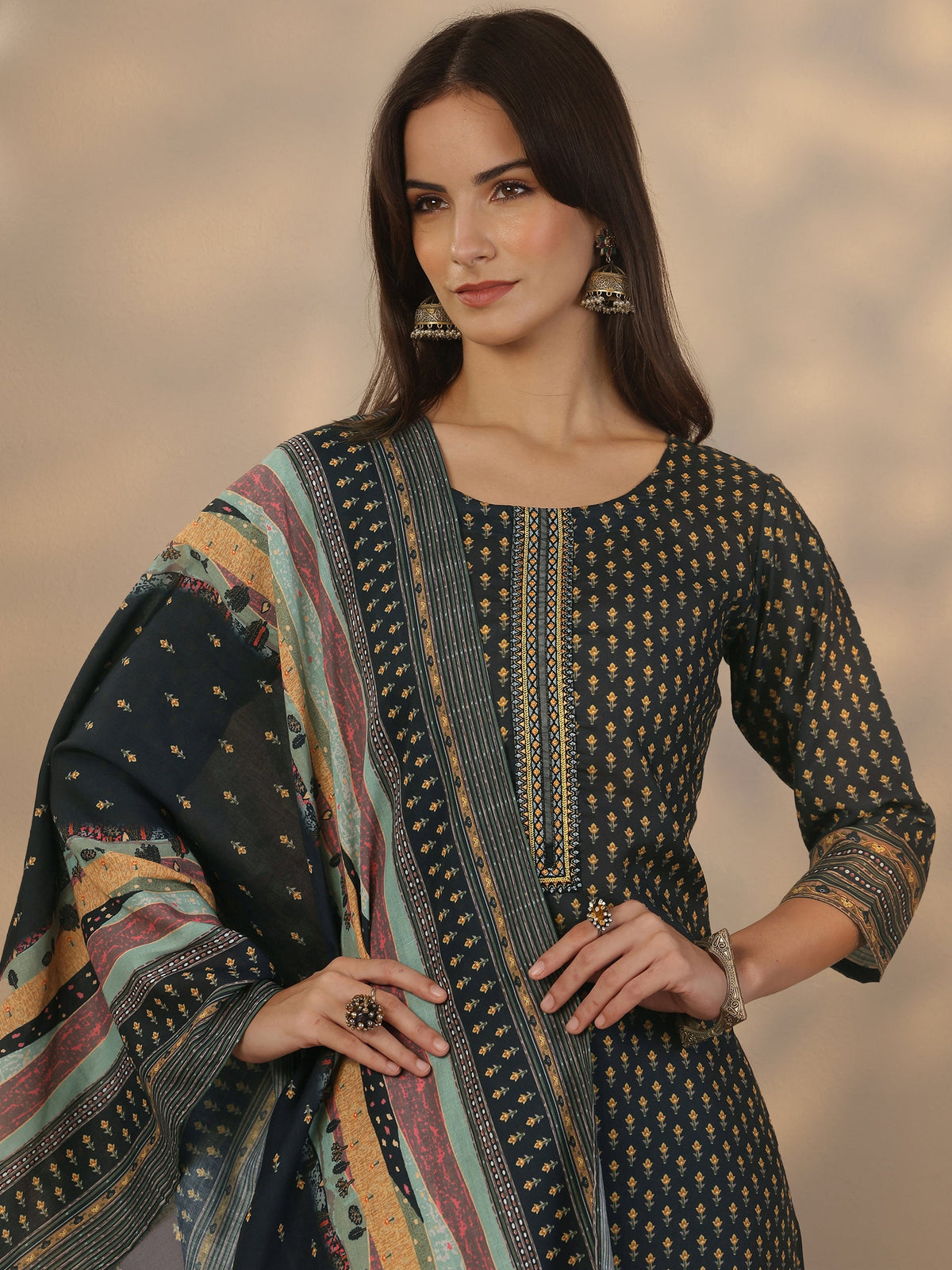 Anouk Navy Blue Printed Cotton Straight Suit Set With Dupatta