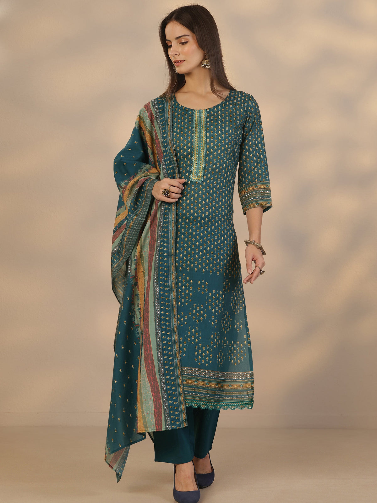 Anouk Blue Printed Cotton Straight Suit Set With Dupatta