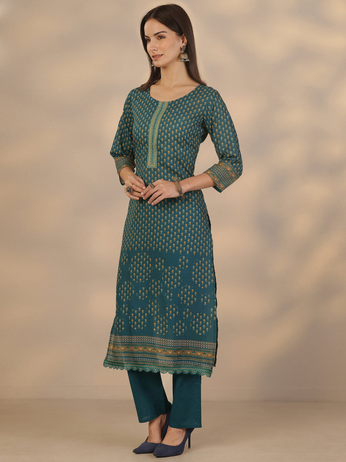 Anouk Blue Printed Cotton Straight Suit Set With Dupatta
