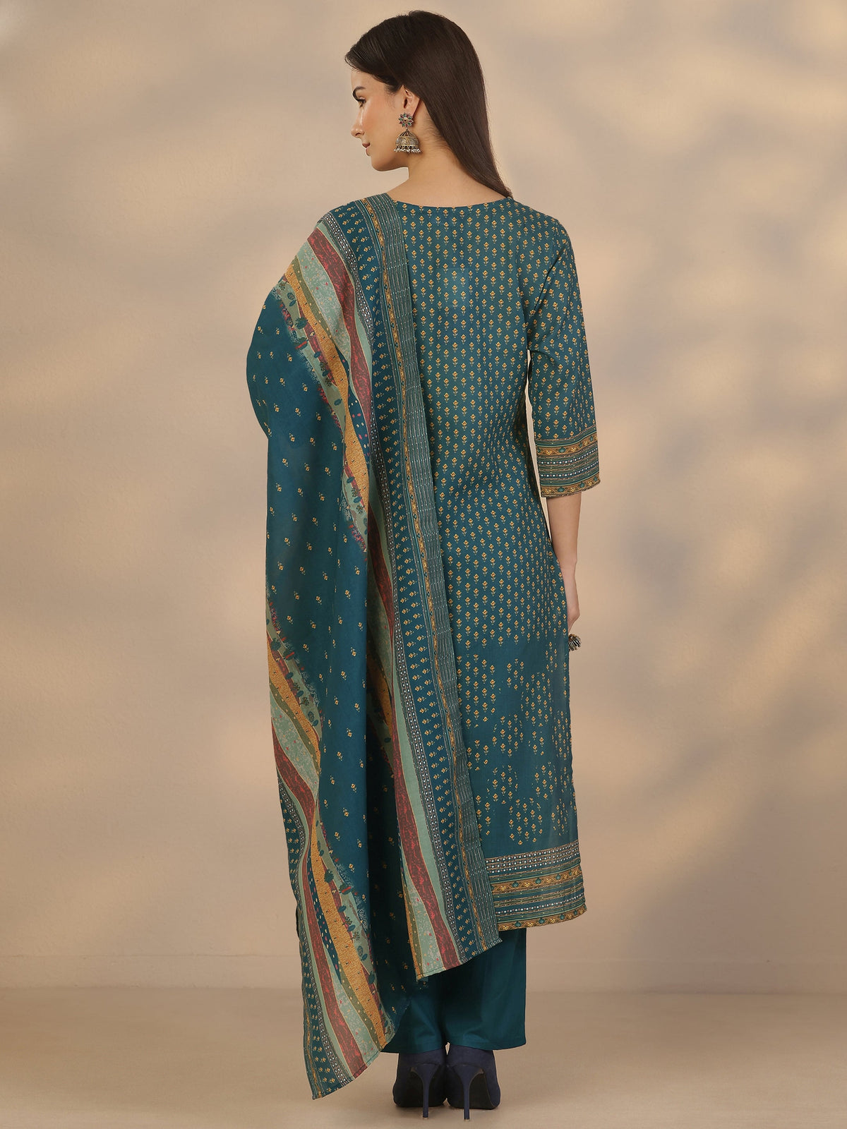 Anouk Blue Printed Cotton Straight Suit Set With Dupatta