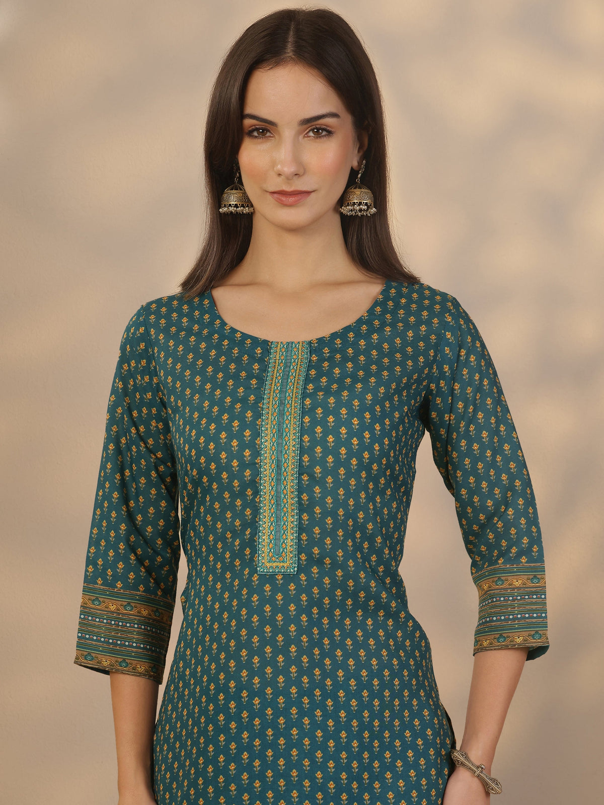 Anouk Blue Printed Cotton Straight Suit Set With Dupatta