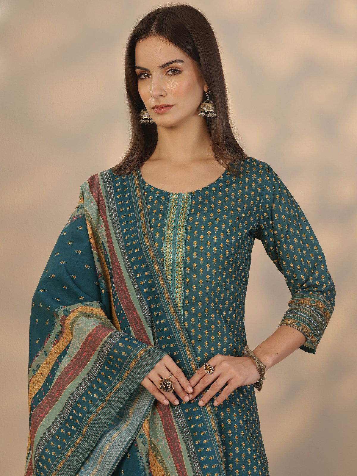 Anouk Blue Printed Cotton Straight Suit Set With Dupatta
