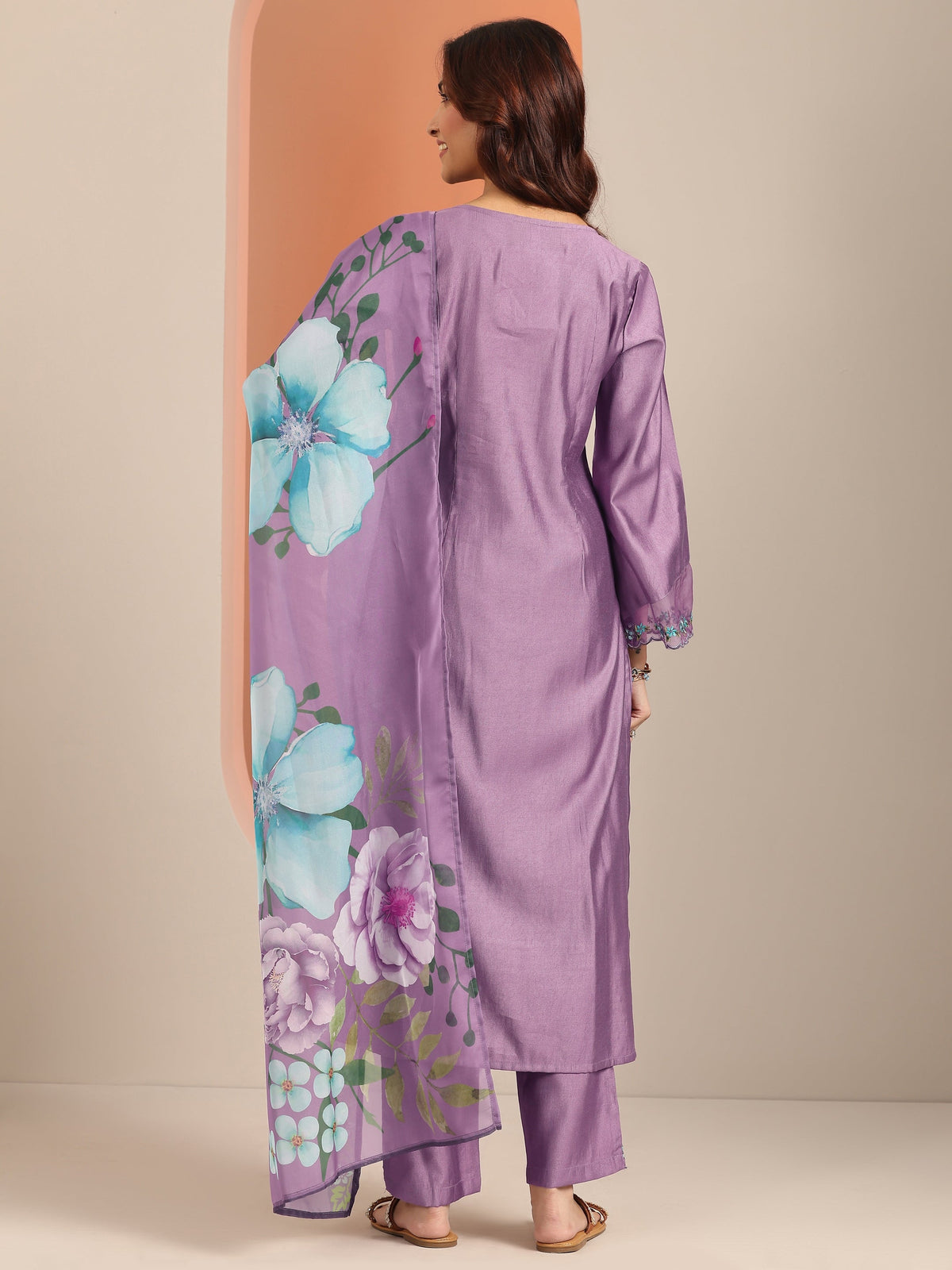 Anouk Mauve Embroidered Silk Blend Straight Suit Set With Dupatta