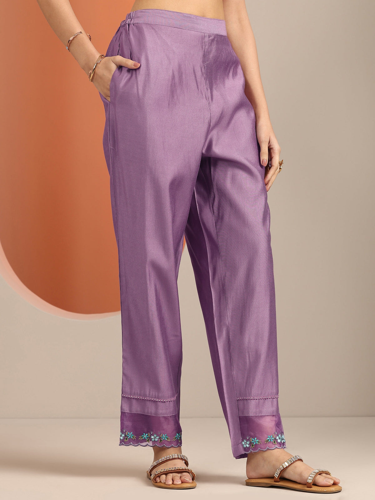 Anouk Mauve Embroidered Silk Blend Straight Suit Set With Dupatta