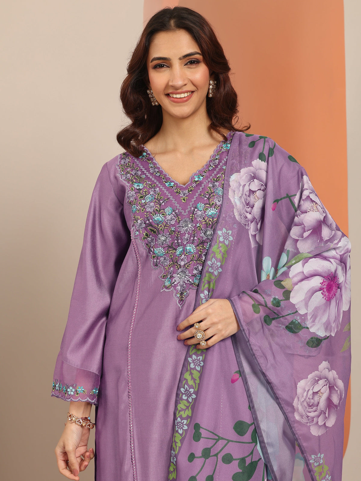 Anouk Mauve Embroidered Silk Blend Straight Suit Set With Dupatta