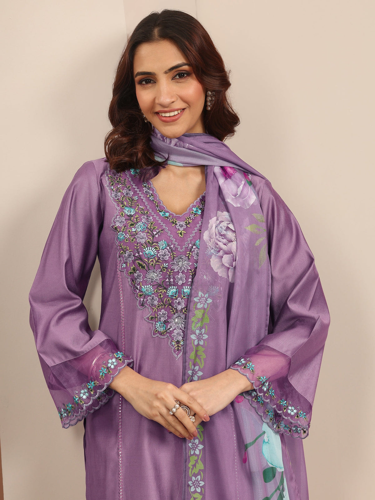 Anouk Mauve Embroidered Silk Blend Straight Suit Set With Dupatta