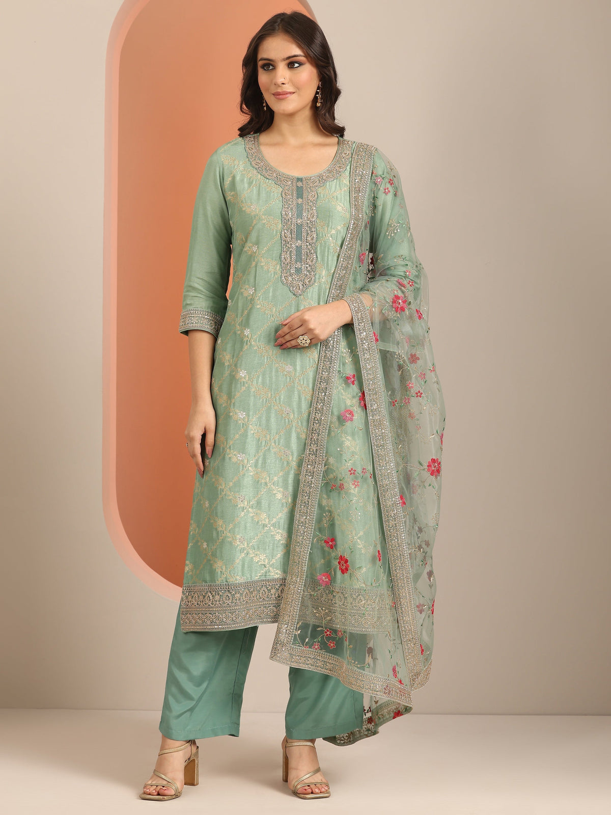 Anouk Green Woven Design Silk Blend Straight Suit Set With Dupatta