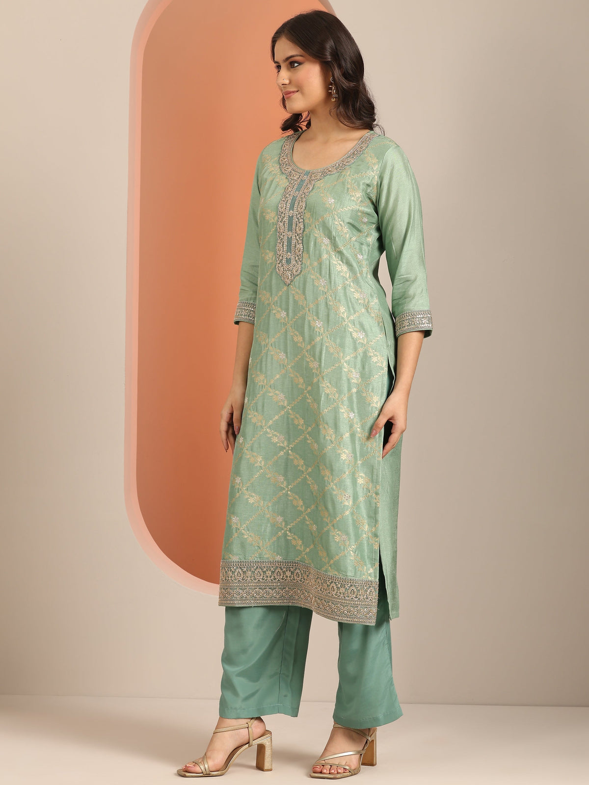 Anouk Green Woven Design Silk Blend Straight Suit Set With Dupatta