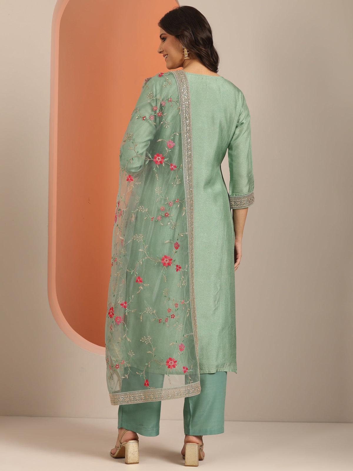 Anouk Green Woven Design Silk Blend Straight Suit Set With Dupatta
