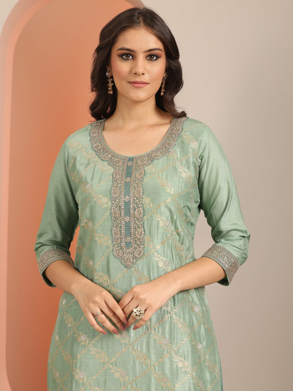 Anouk Green Woven Design Silk Blend Straight Suit Set With Dupatta