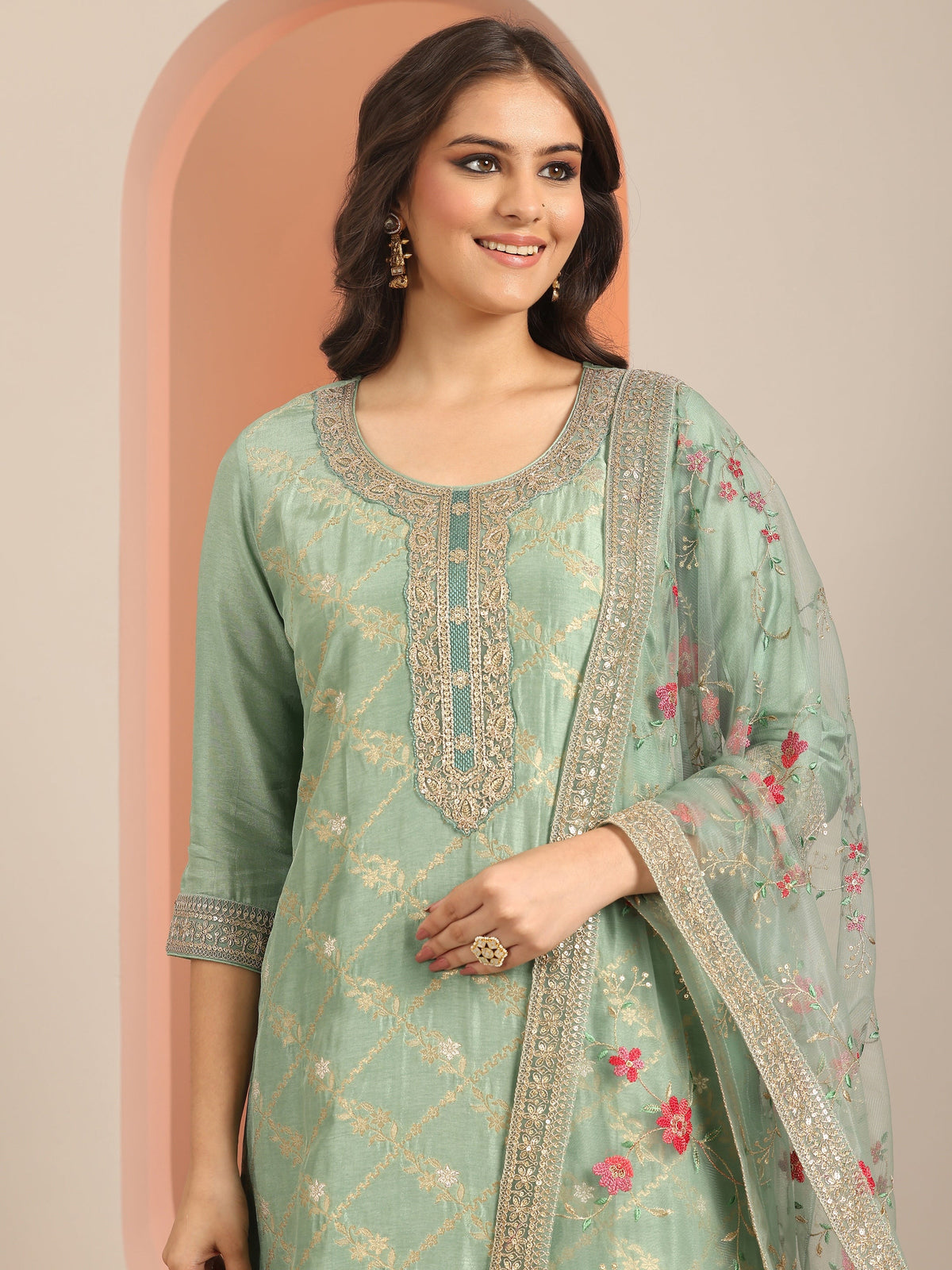 Anouk Green Woven Design Silk Blend Straight Suit Set With Dupatta