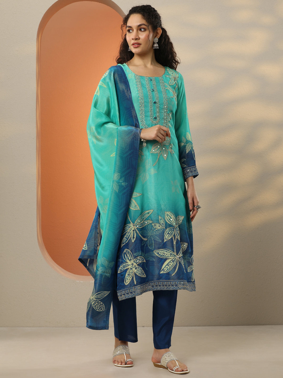 Anouk Blue Embroidered Crepe Straight Suit Set With Dupatta