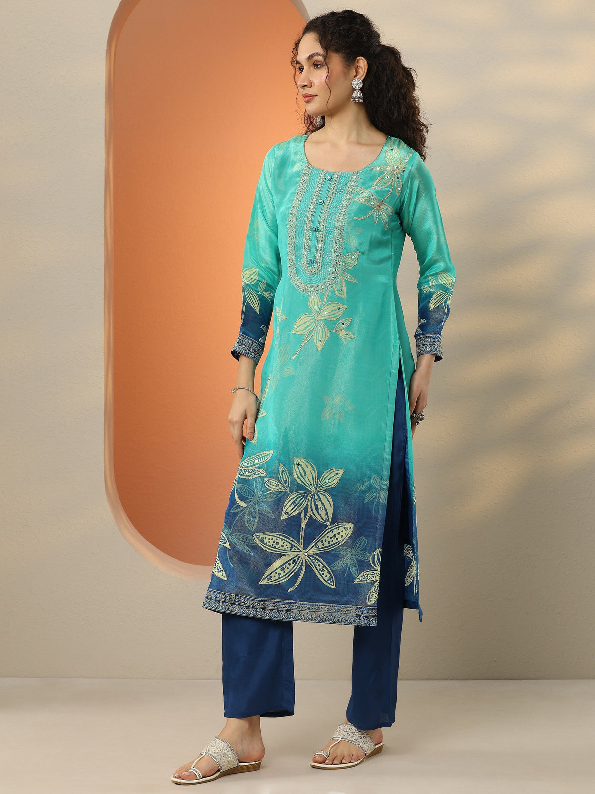 Anouk Blue Embroidered Crepe Straight Suit Set With Dupatta