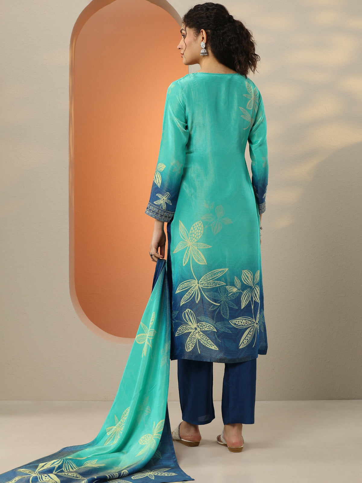Anouk Blue Embroidered Crepe Straight Suit Set With Dupatta