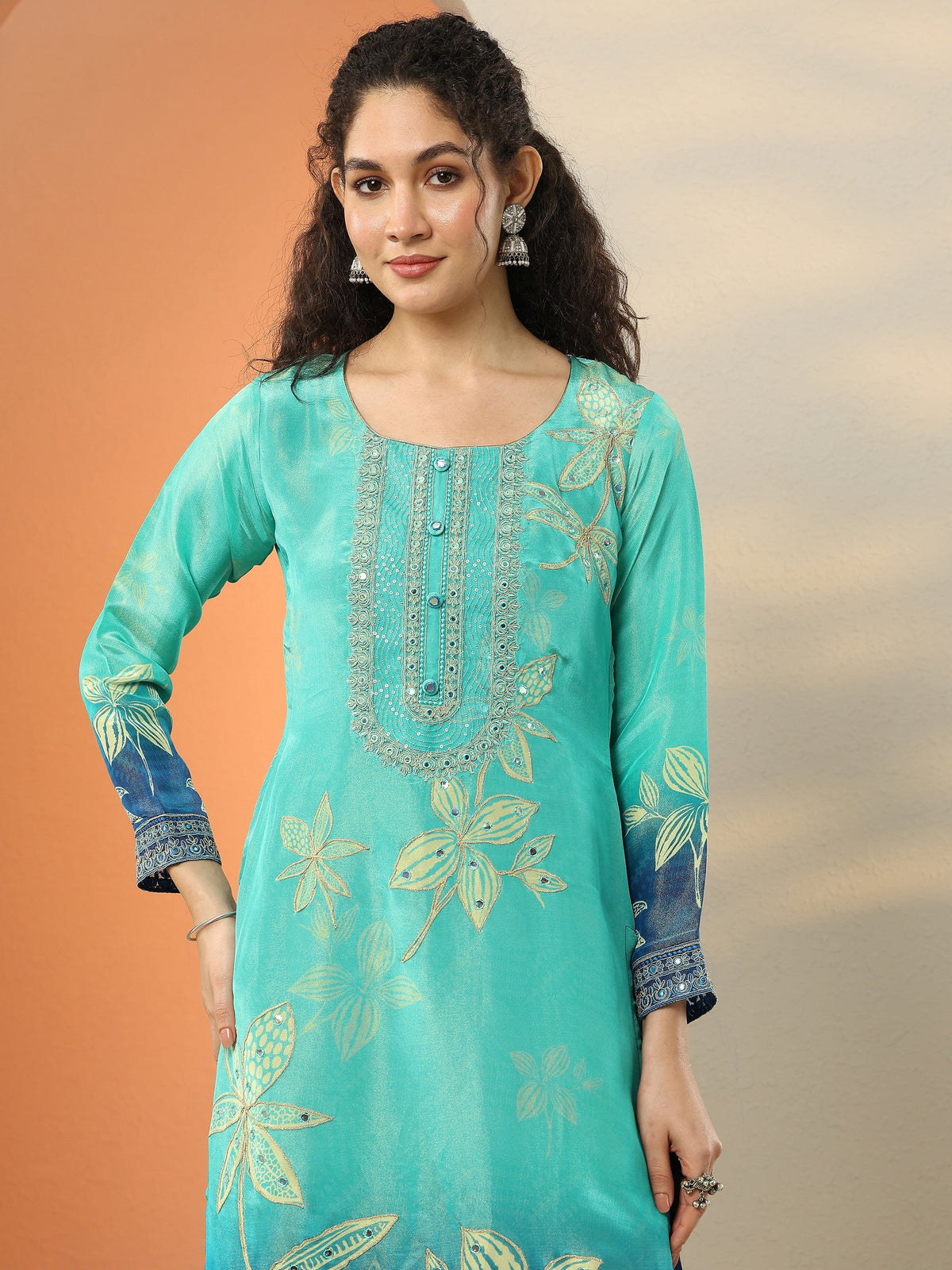 Anouk Blue Embroidered Crepe Straight Suit Set With Dupatta