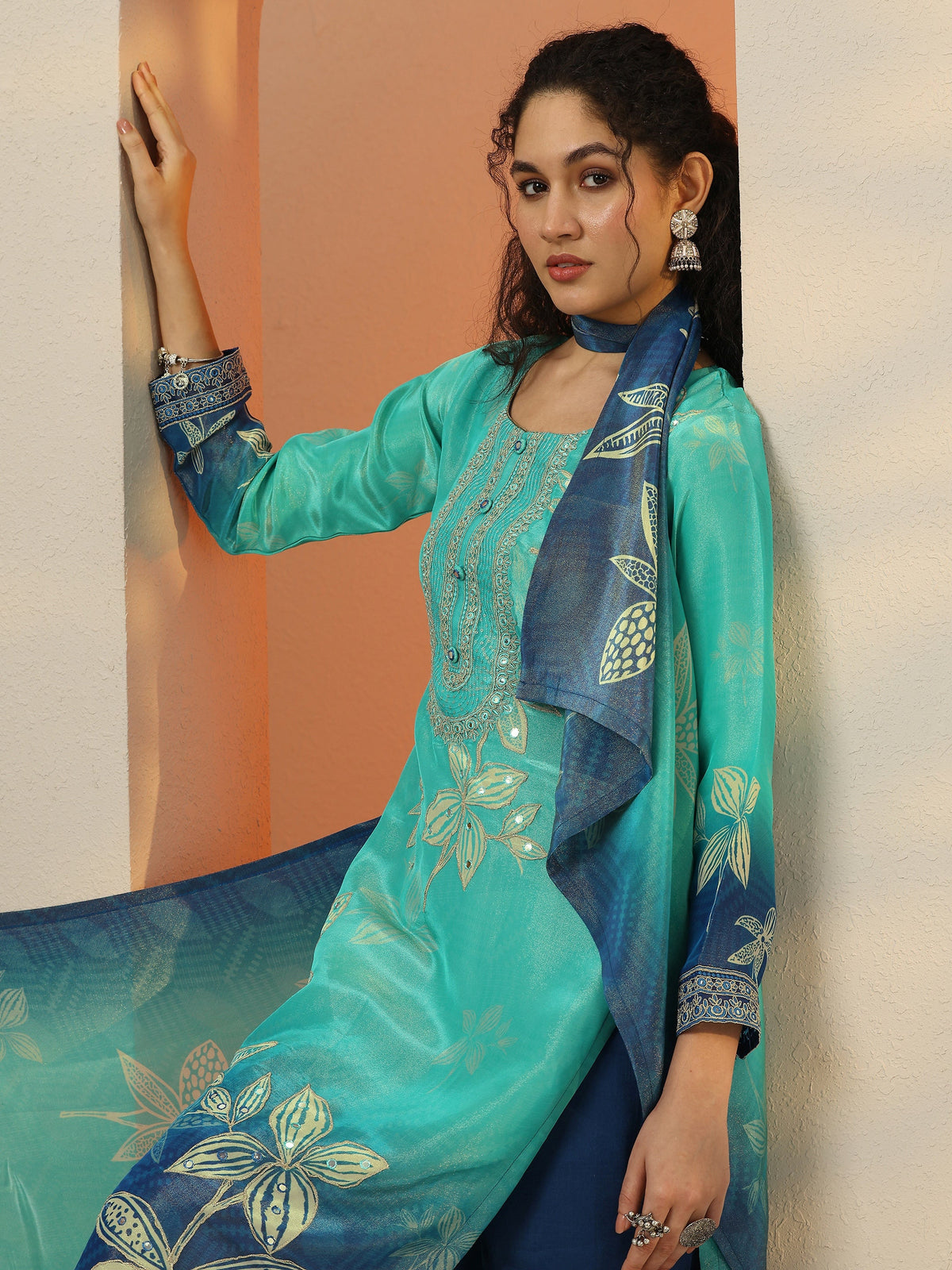 Anouk Blue Embroidered Crepe Straight Suit Set With Dupatta