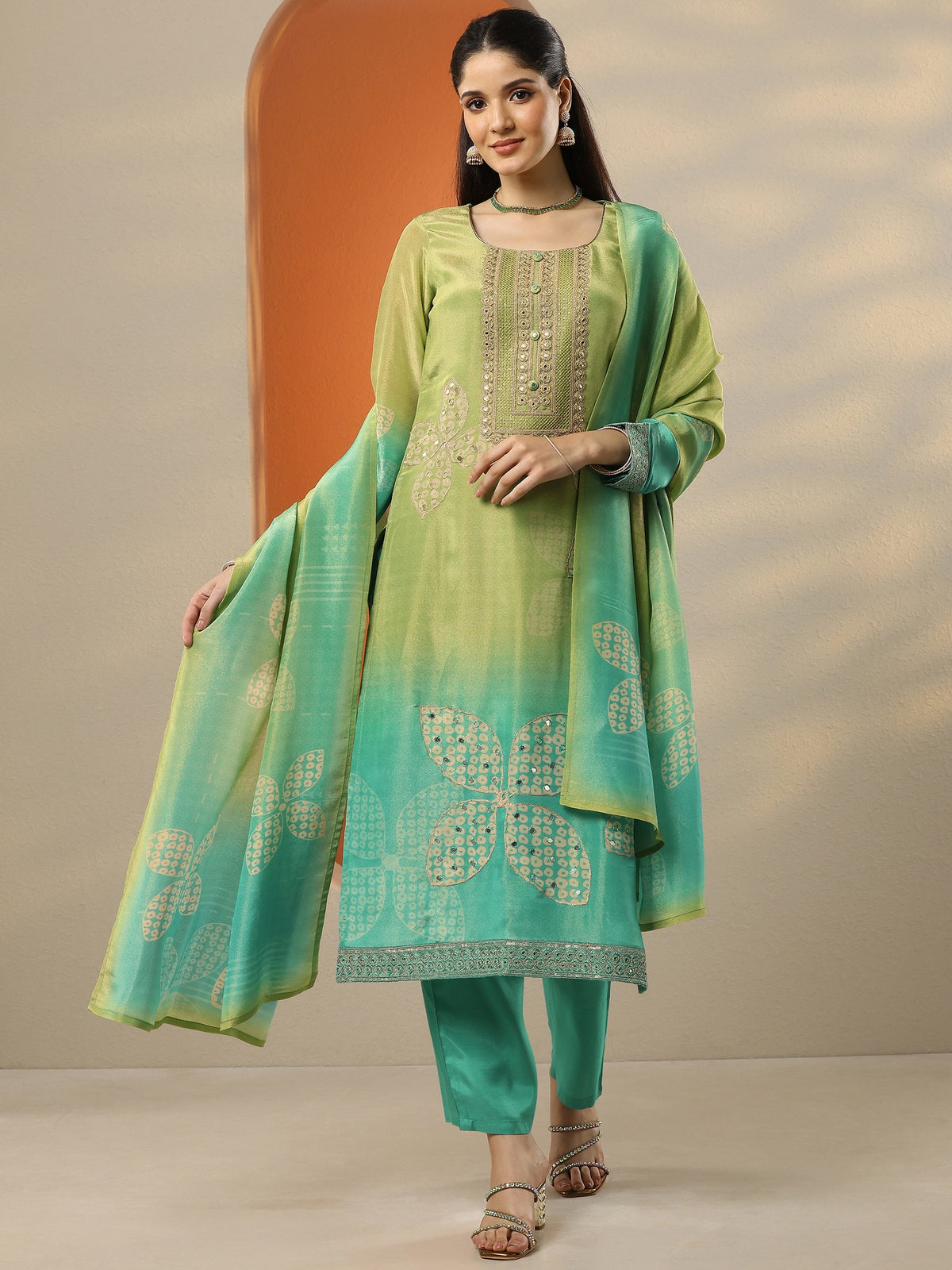 Anouk Green Embroidered Crepe Straight Suit Set With Dupatta
