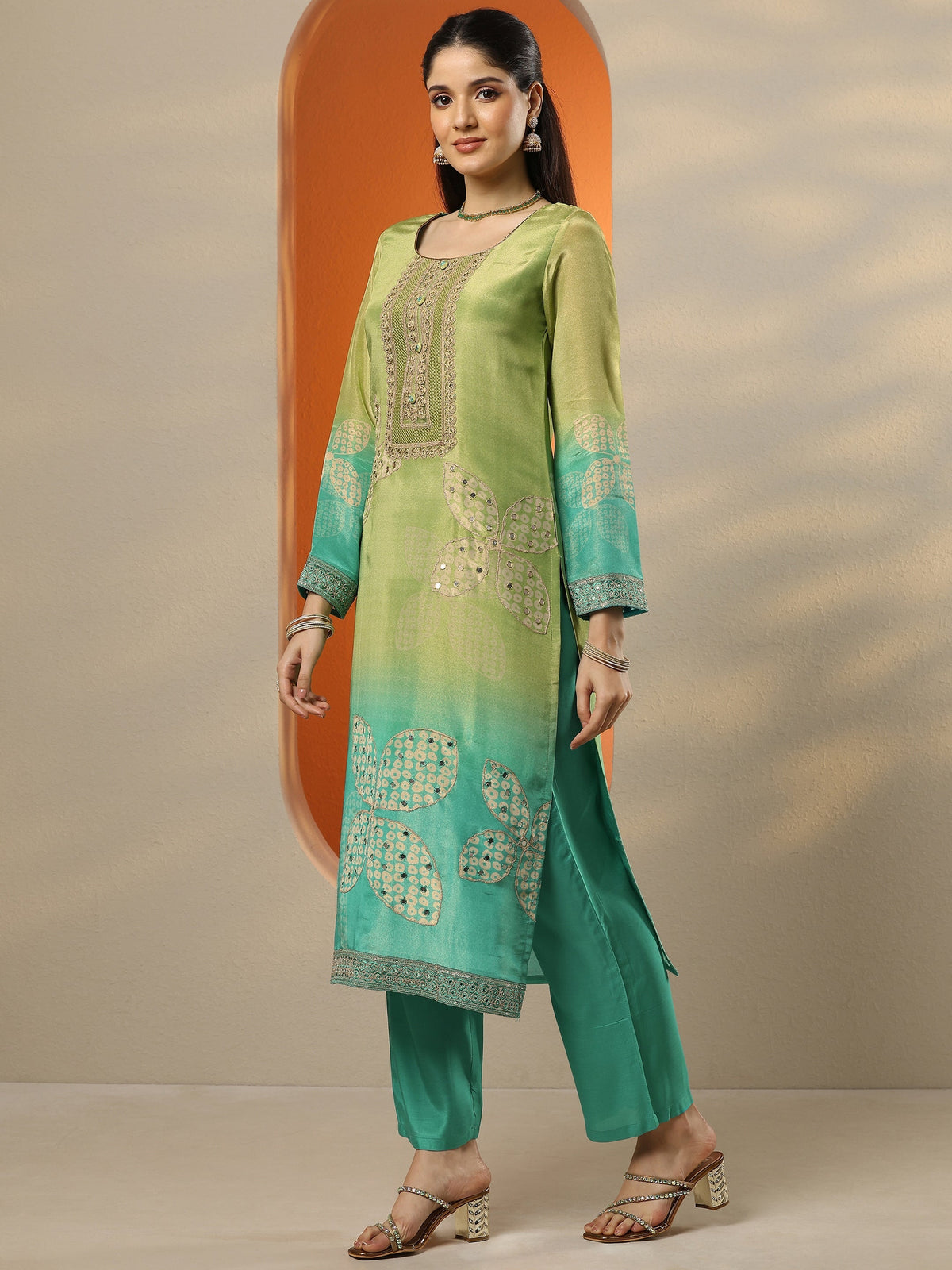 Anouk Green Embroidered Crepe Straight Suit Set With Dupatta