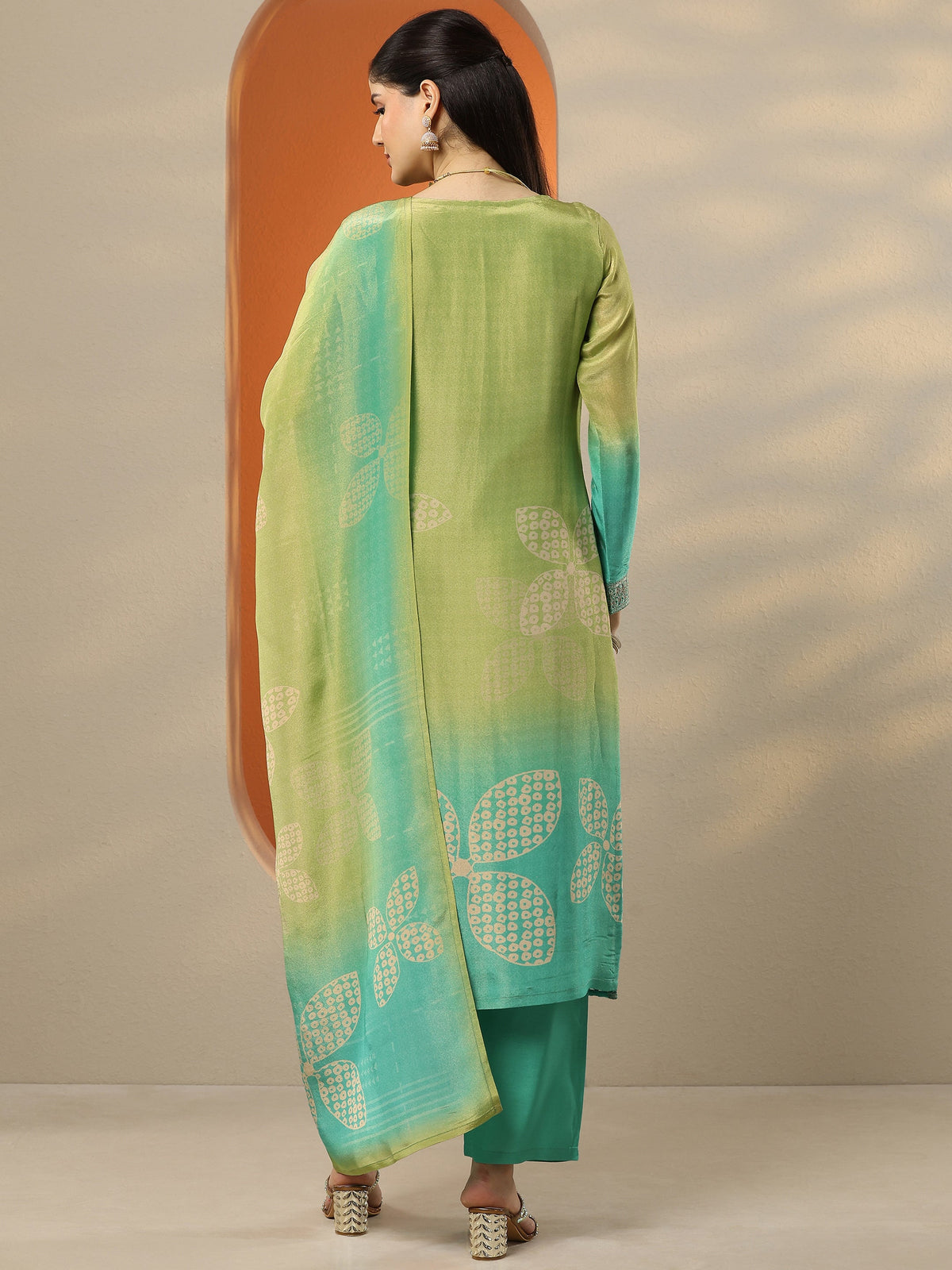 Anouk Green Embroidered Crepe Straight Suit Set With Dupatta