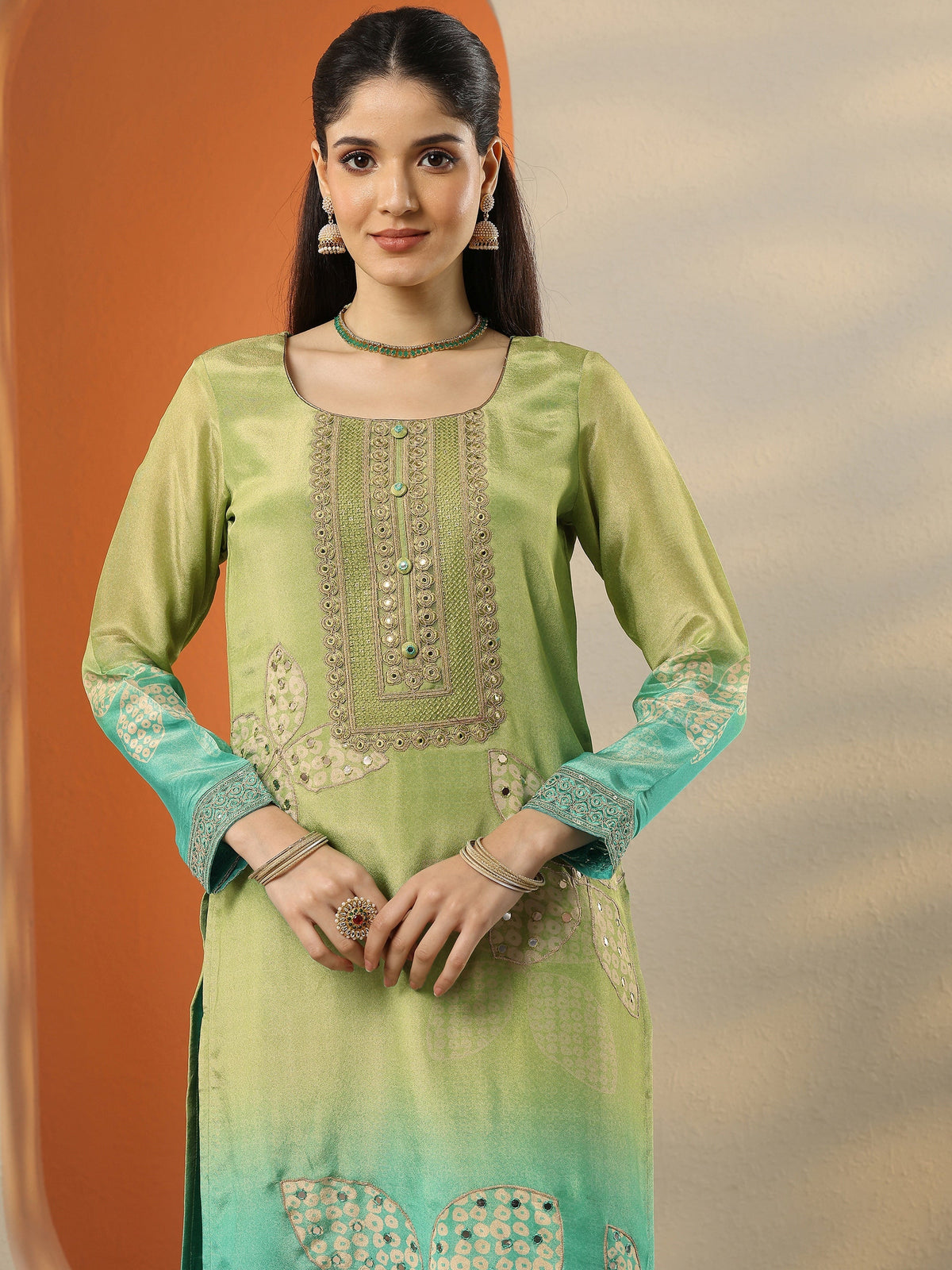 Anouk Green Embroidered Crepe Straight Suit Set With Dupatta